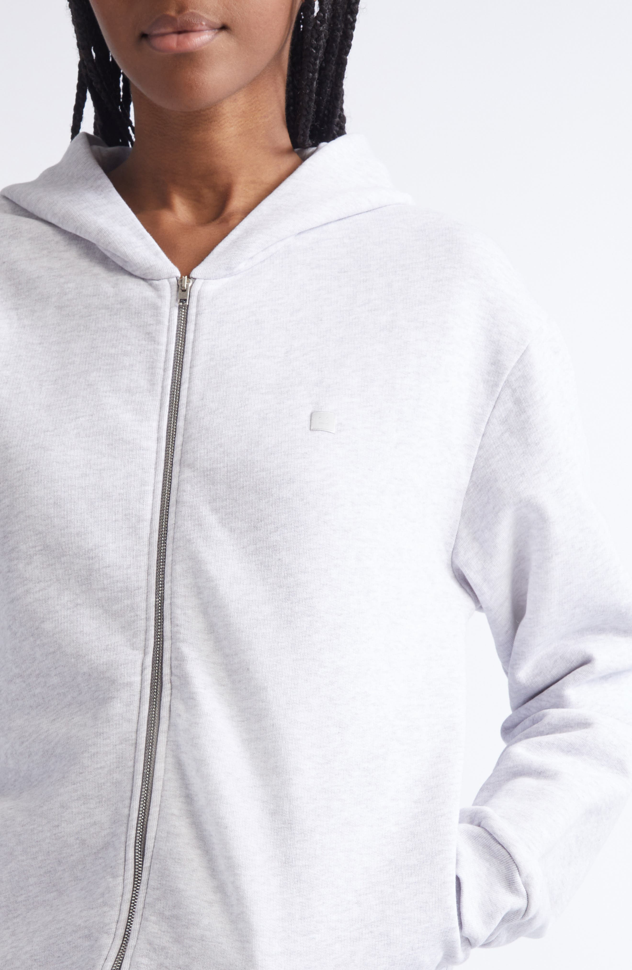 Acne Studios Fupiter Face Patch Mélange Fleece Zip Hoodie in Pale Grey Melange at Nordstrom - 4