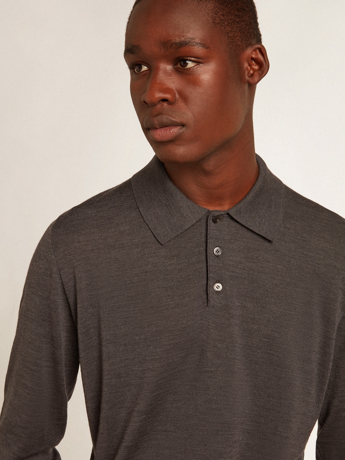 Men’s long-sleeved polo shirt in gray merino wool - 2