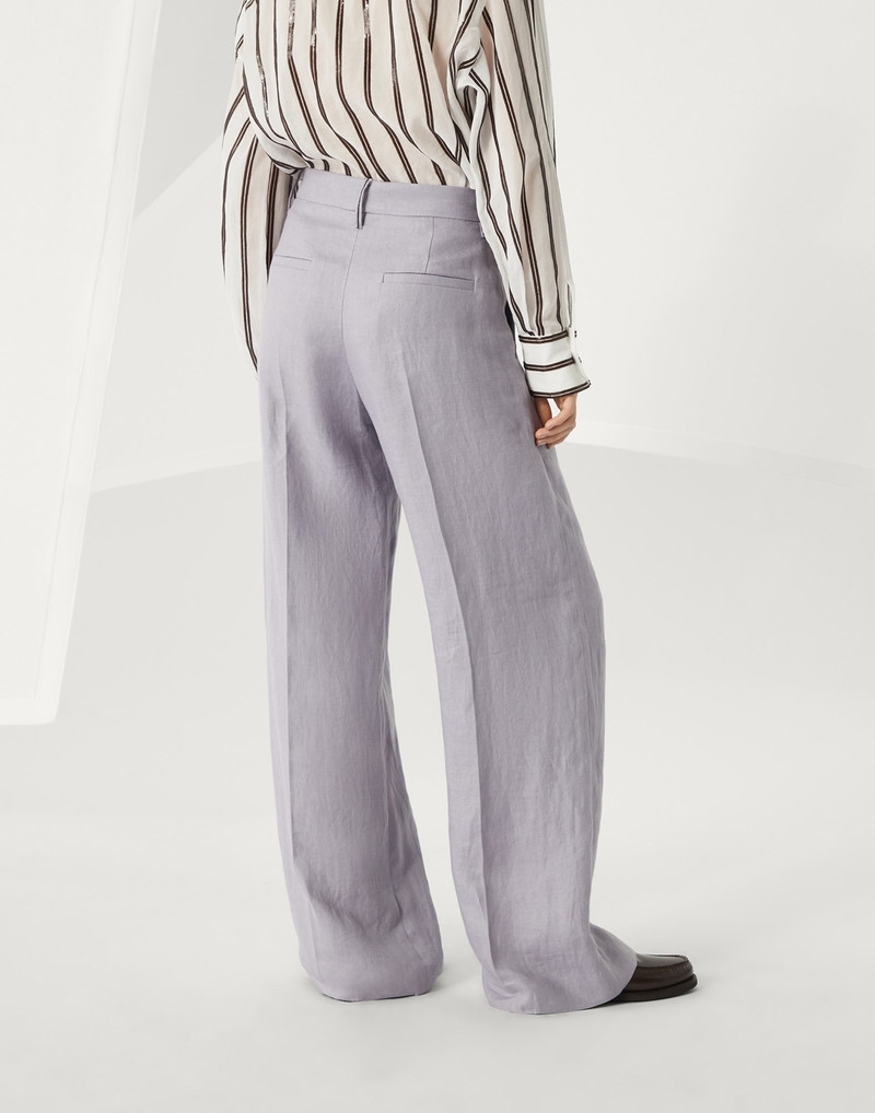 Brunello Cucinelli Dyed hemp and linen gabardine loose pleated trousers with monili outlook