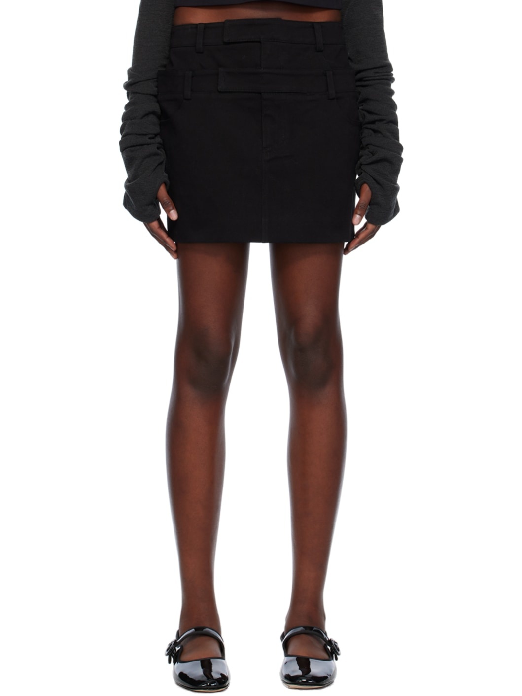 Black Double Waist Denim Miniskirt - 1