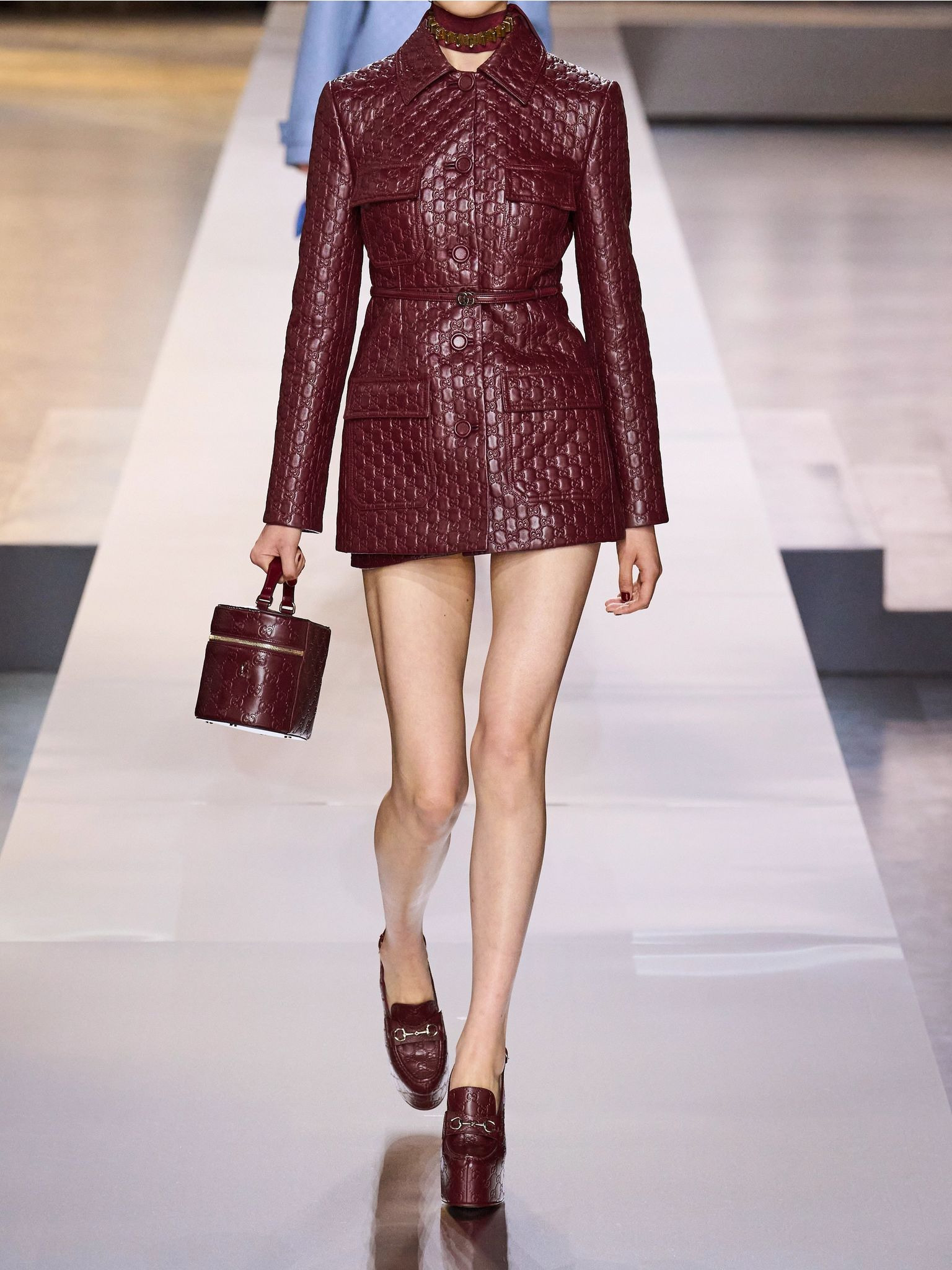 Paneled debossed leather jacket Burgundy - 5