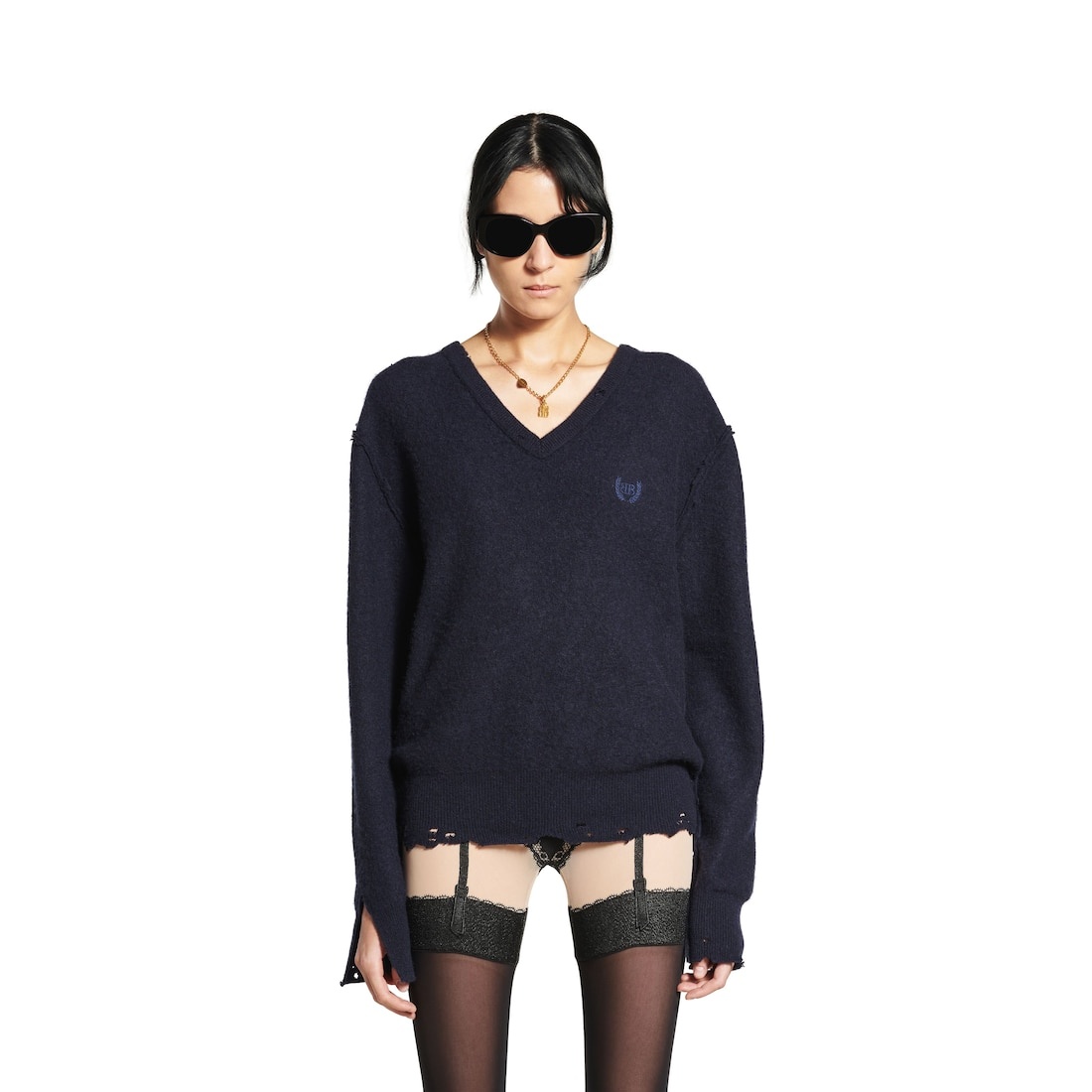 Women's Laurel Classic Inside-out V-neck Sweater in Navy - 5