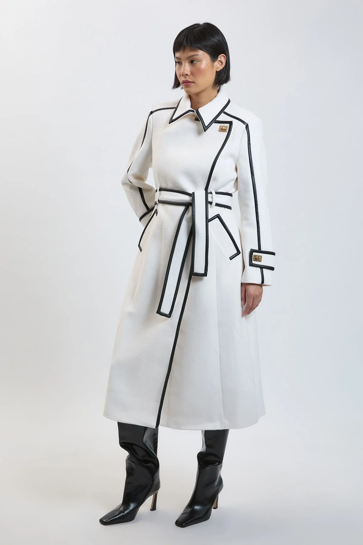 Petite Brushed Wool Pu Trim Belted Tailored Double Breasted Midi Coat - 1