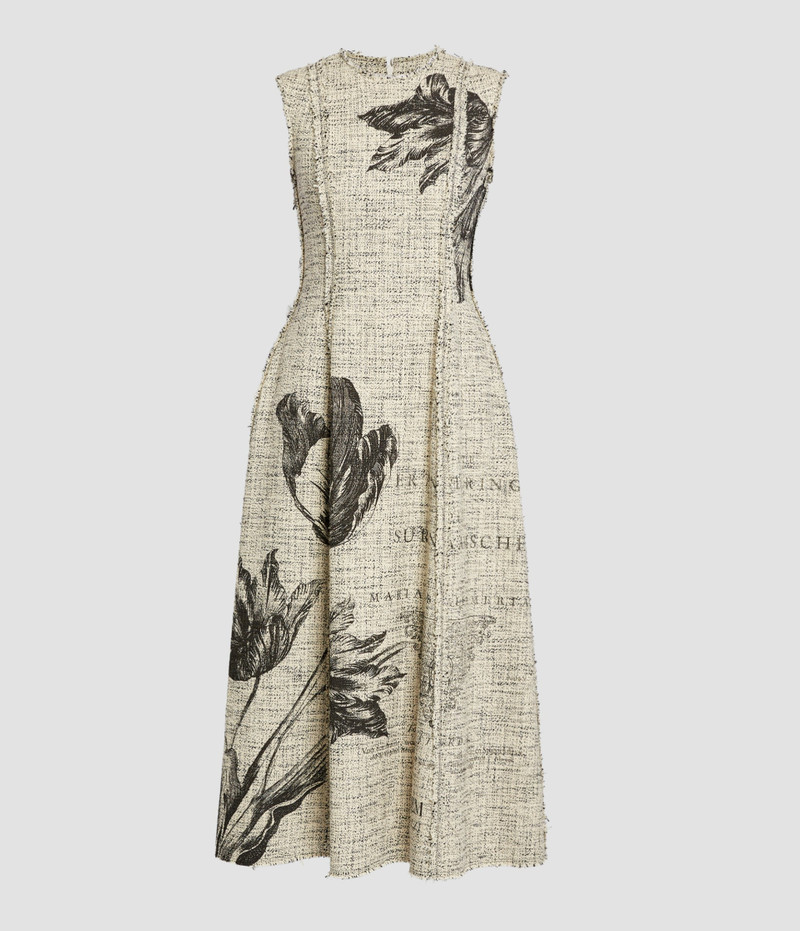 FLORAL PRINT MOULINE TWEED SLEEVELESS MIDI DRESS 1