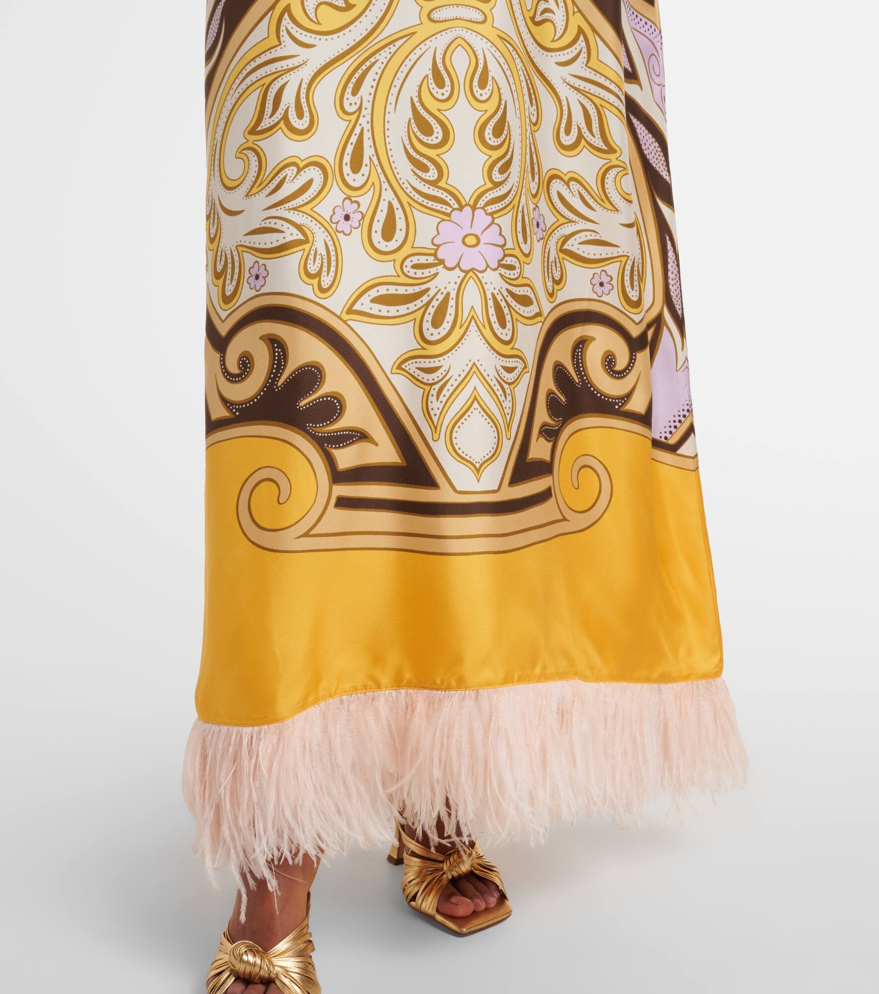 Printed feather-trimmed silk maxi dress - 5