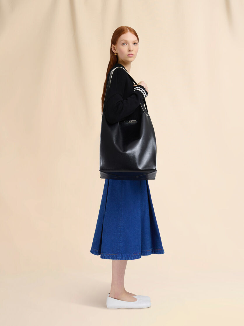 BLACK LEATHER CRESTA N/S TOTE BAG - 2
