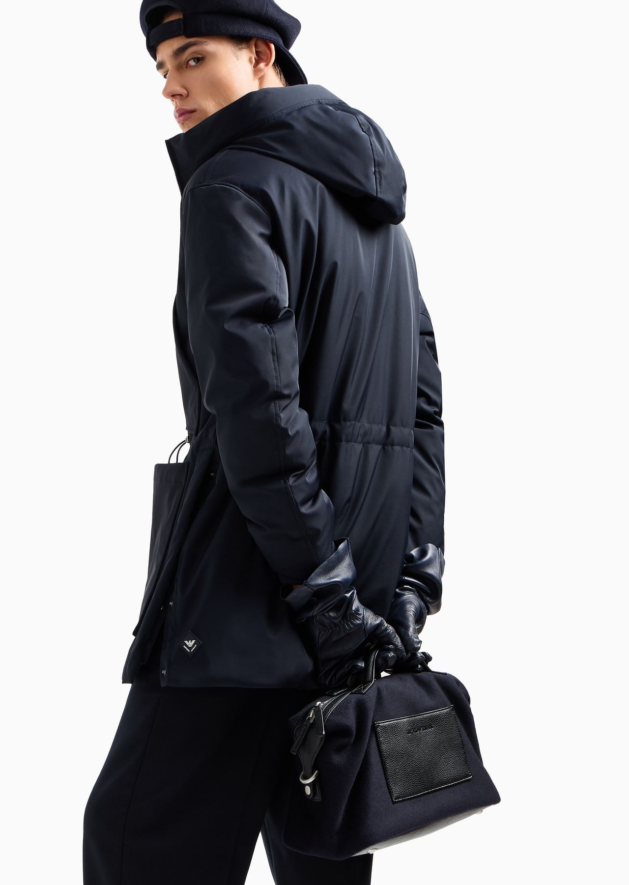 Three-quarter length hooded down jacket in water-repellent nylon twill - 7