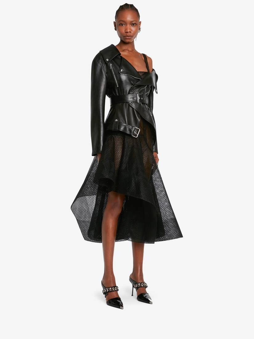 Women's Leather Twisted Biker Jacket in Black - 3