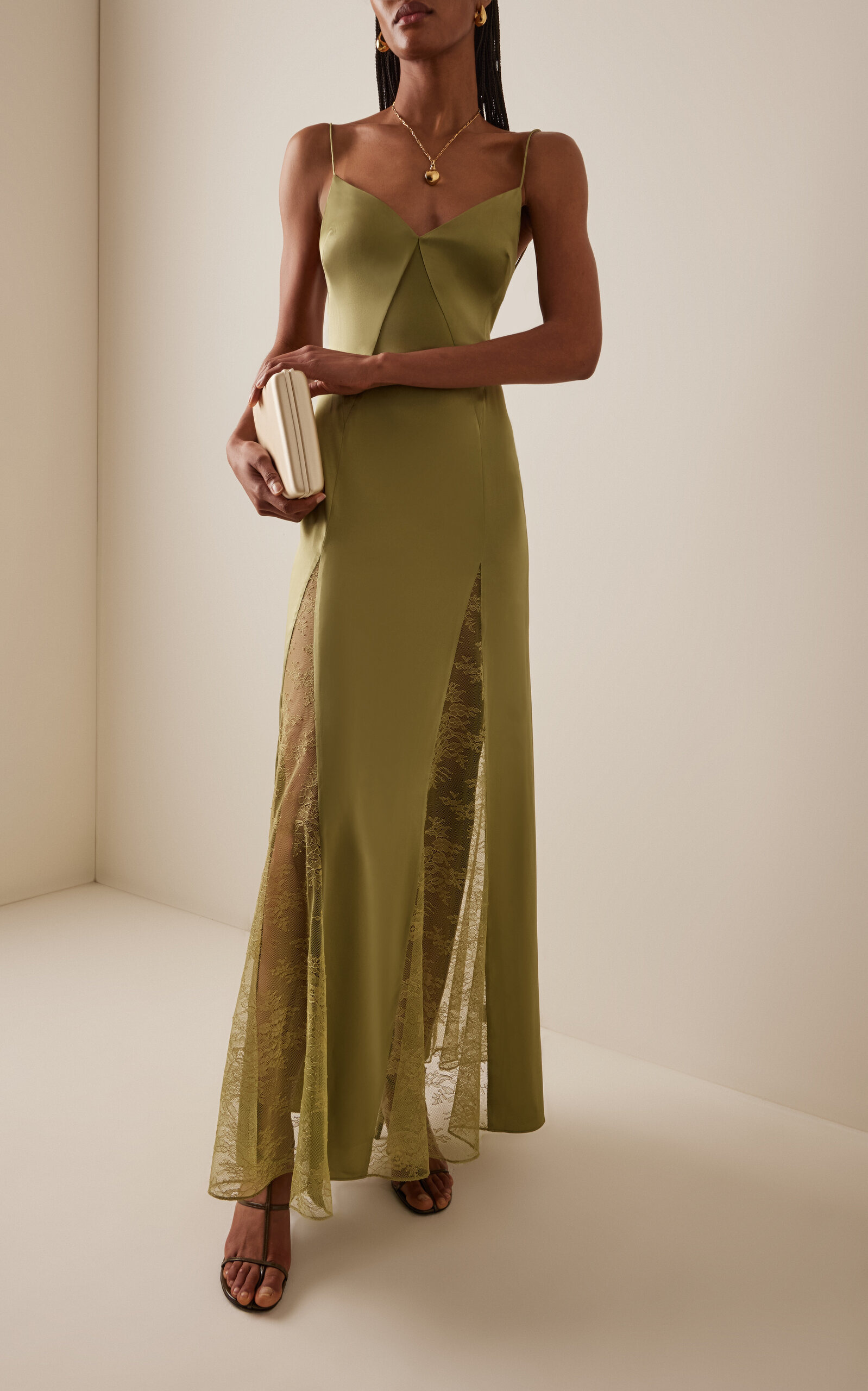 Exclusive Trinity Lace-Inset Silk Maxi Slip Dress green - 2