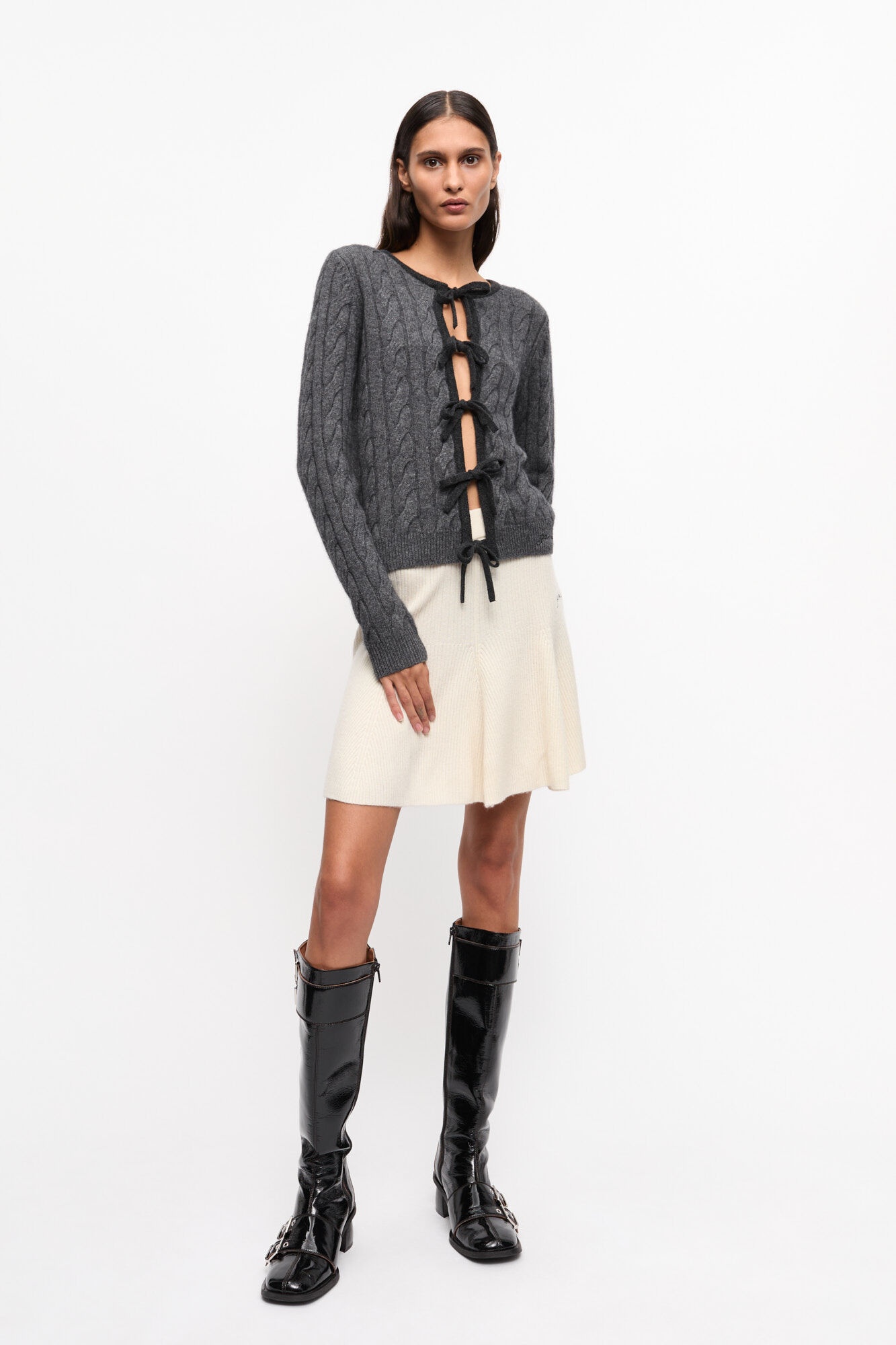 GREY AND BLACK CASHMERE MIX TIE STRING CARDIGAN - 4