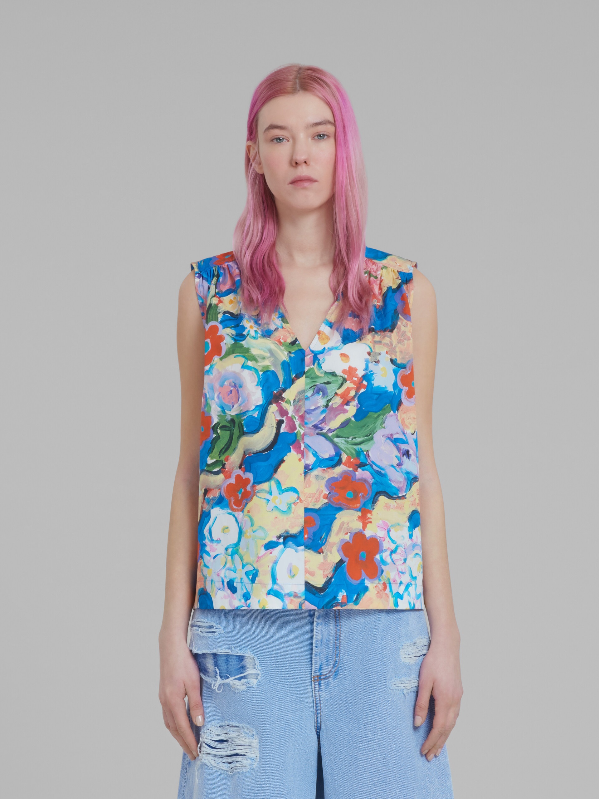 V-NECK PRINTED POPLIN TOP - 2