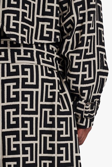 Bicolor ivory and black wool trench coat with Balmain monogram - 5