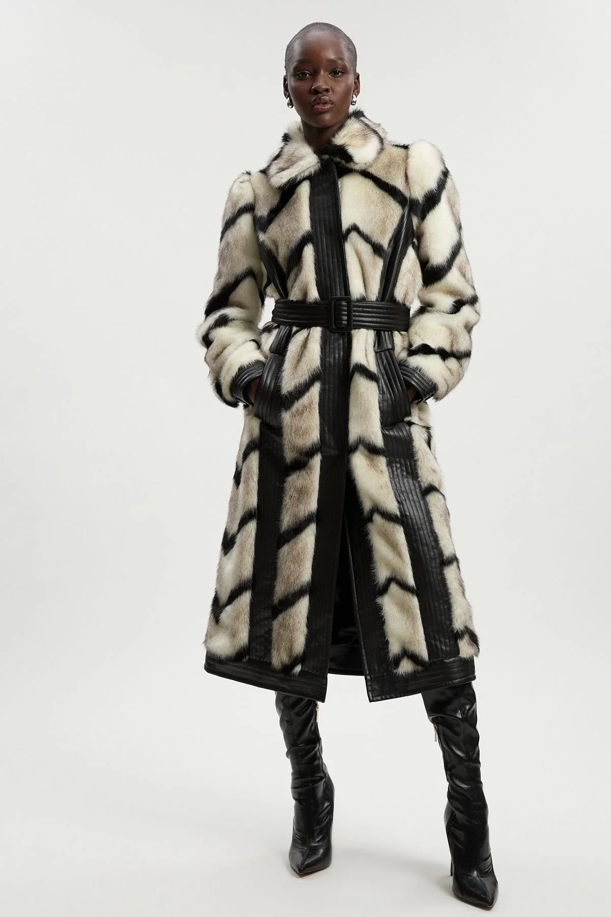 Panelled Stripe Faux Fur Pu Belted Long Coat - 1