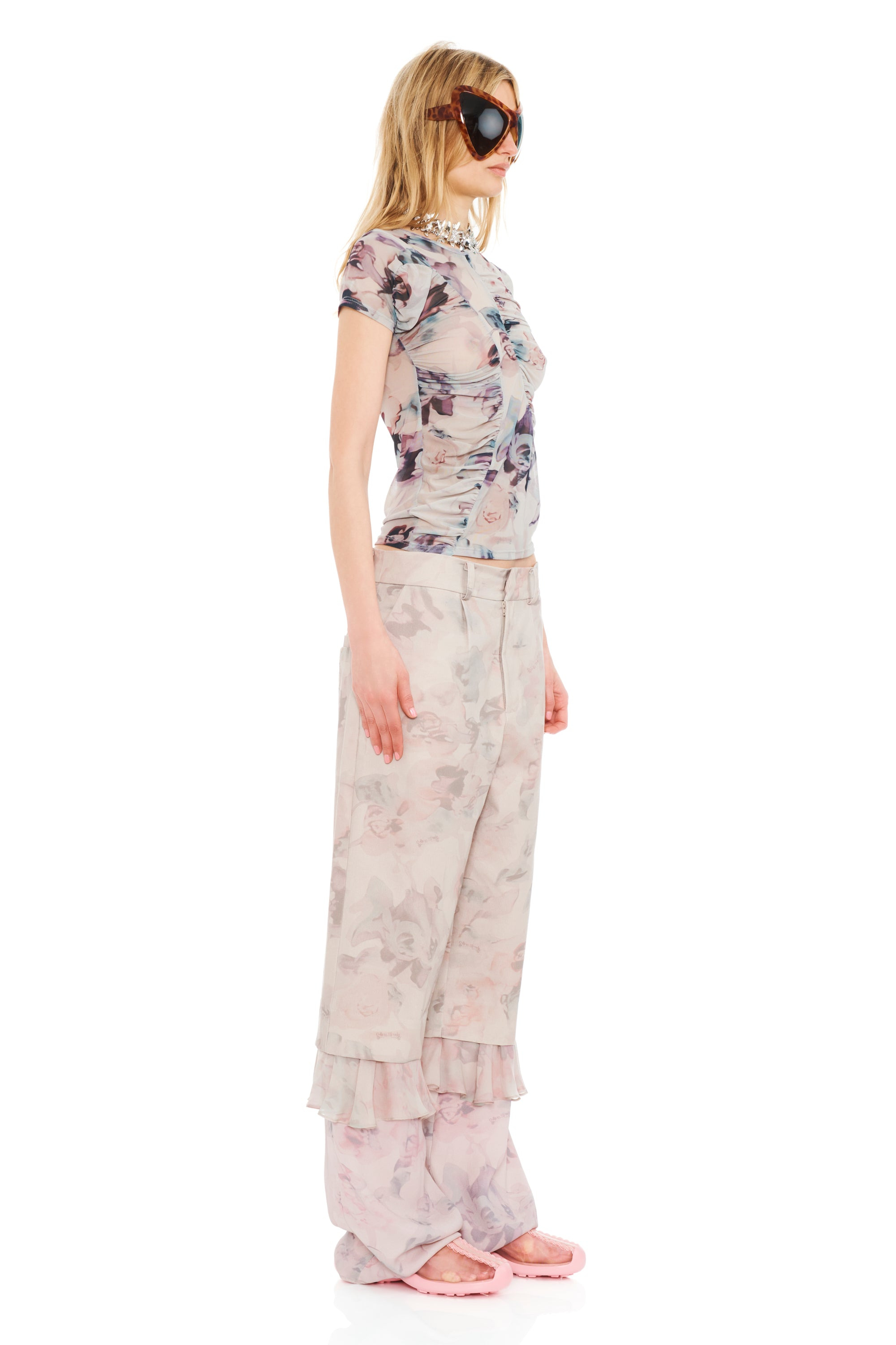 BEIGE WATERCOLOR ROSES SERPENTINE S/S TOP - 2