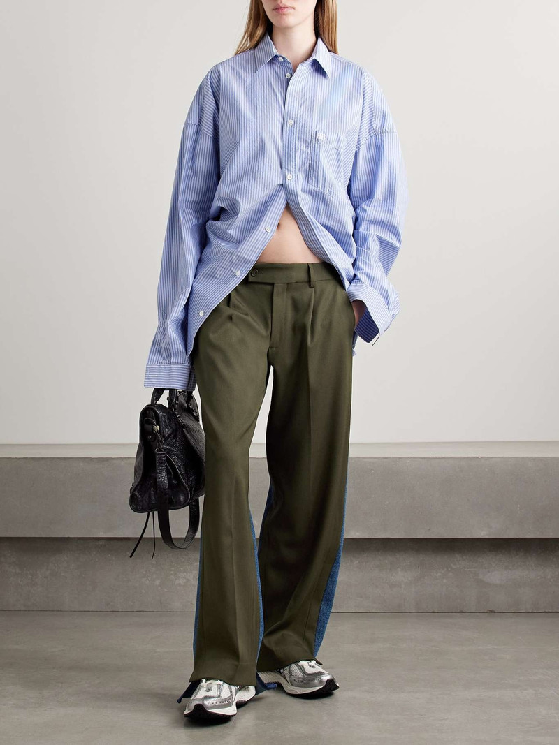 BETTTER Denitrouser paneled pleated wool-blend and denim pants Army green outlook