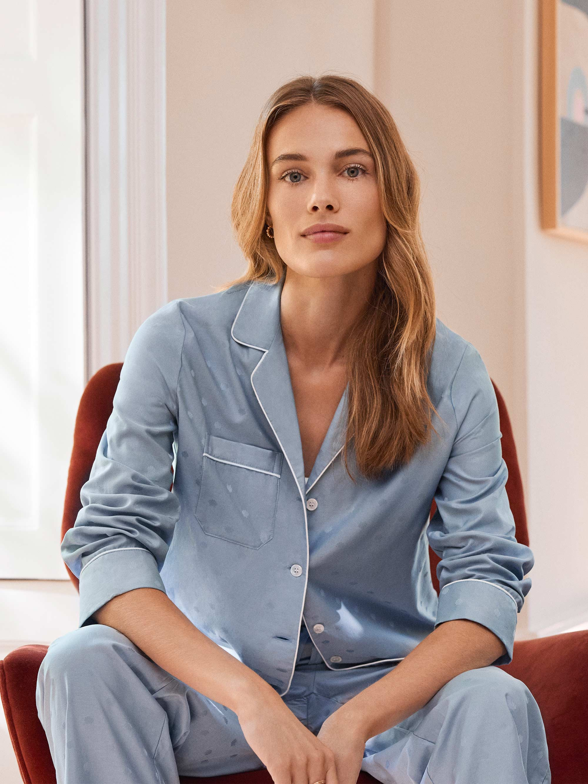 Women's Pajamas Cotton Jacquard Blue Seashell Pattern - 3