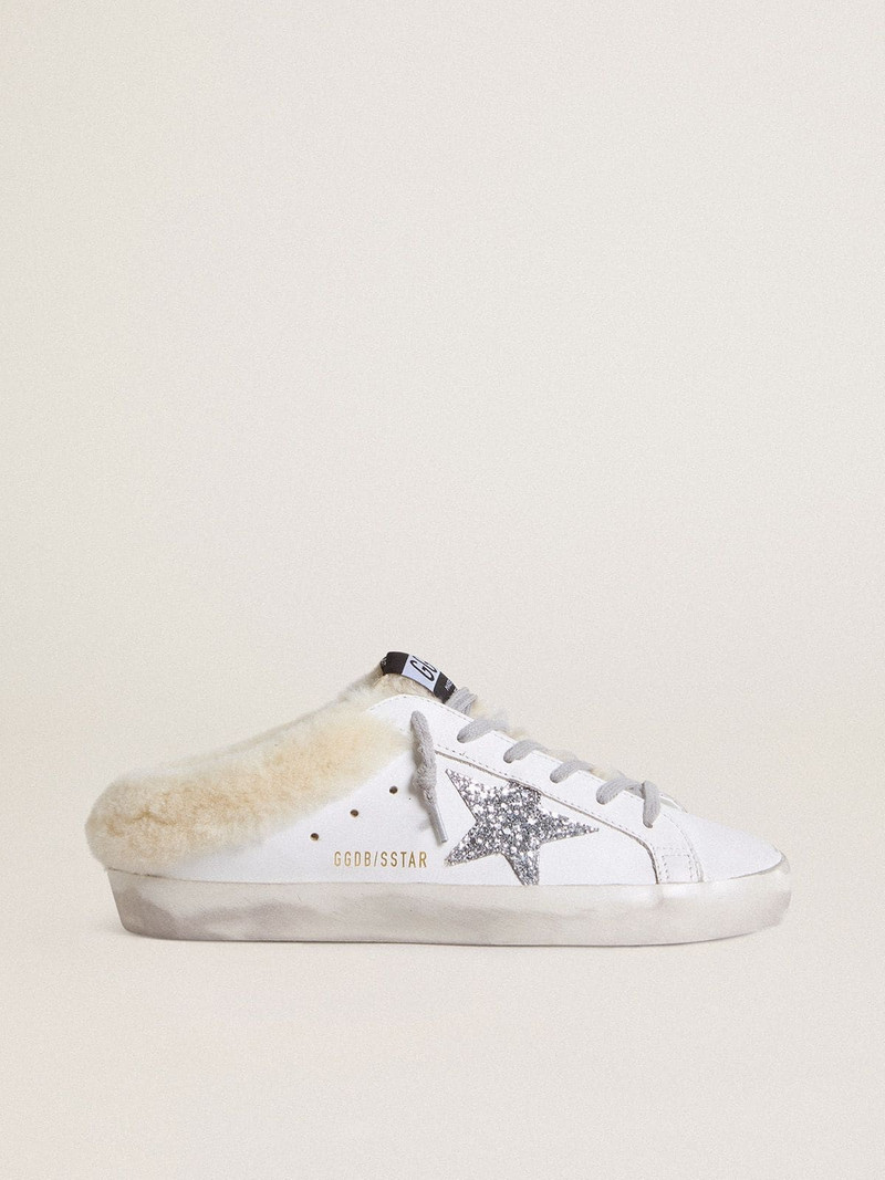 Super-Star Sabots in white leather with shearling lining and silver star 1