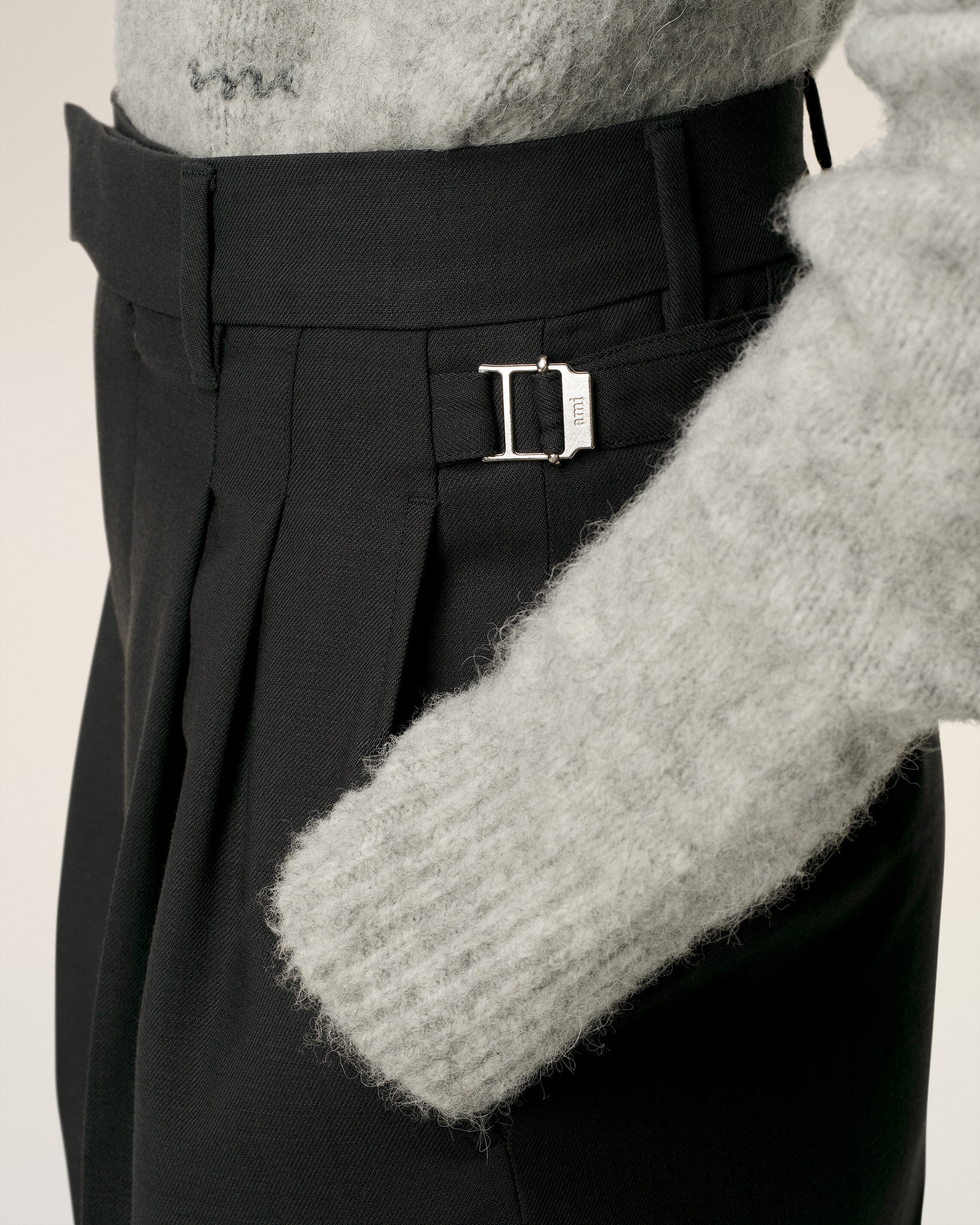 BLACK WOOL HIGH WAIST WIDE TROUSERS - 5