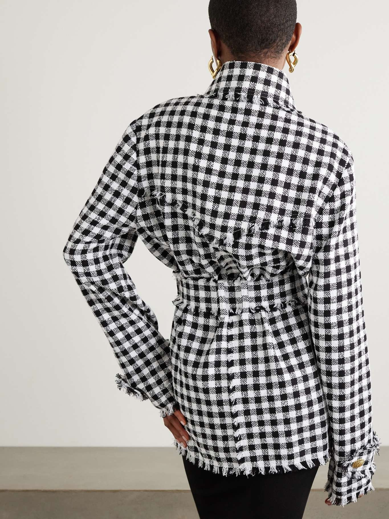 Belted frayed houndstooth cotton-blend tweed overshirt - 8