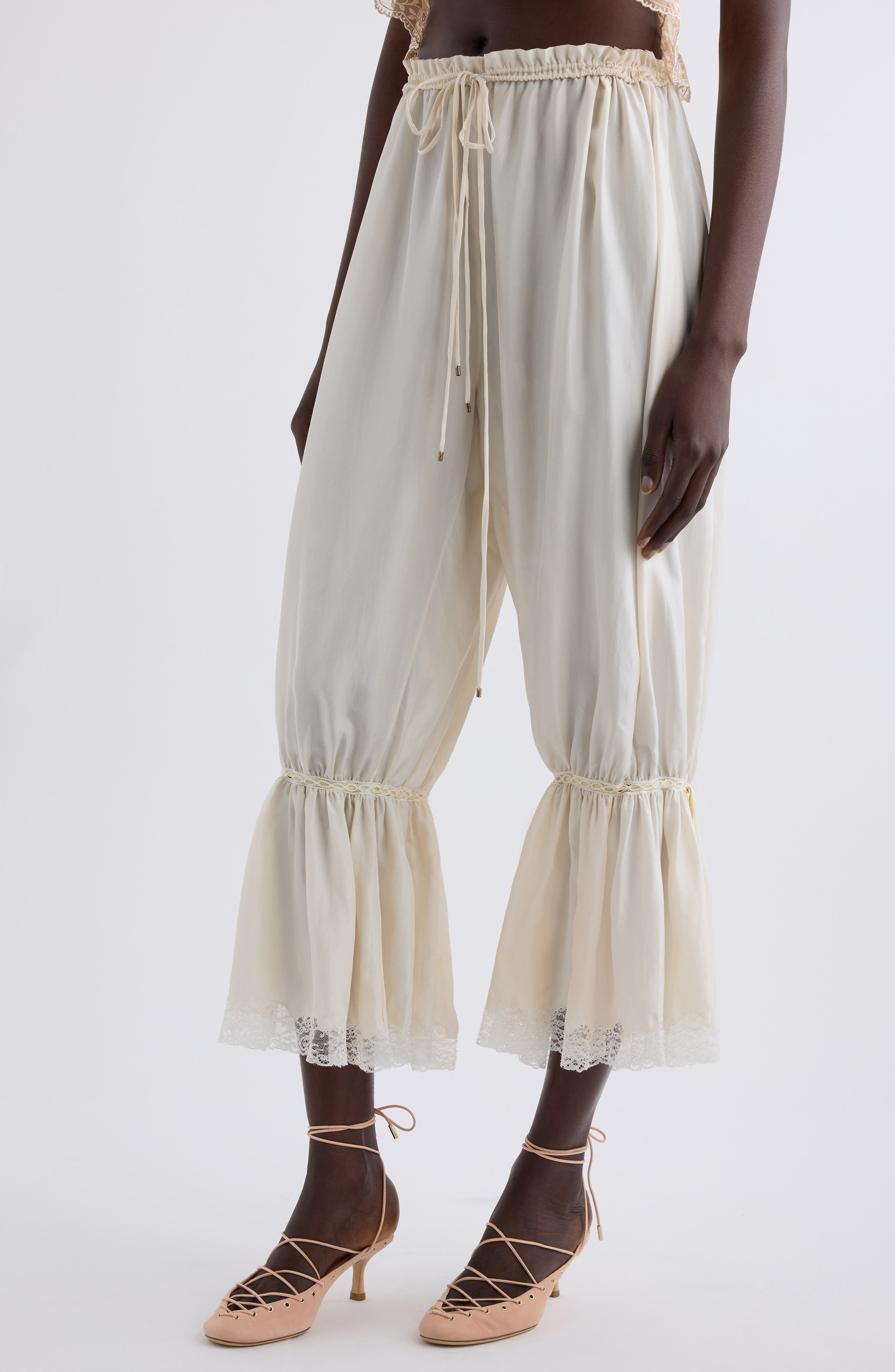 Chloé Lace Trim Silk Crop Pants in Coconut Milk at Nordstrom - 5