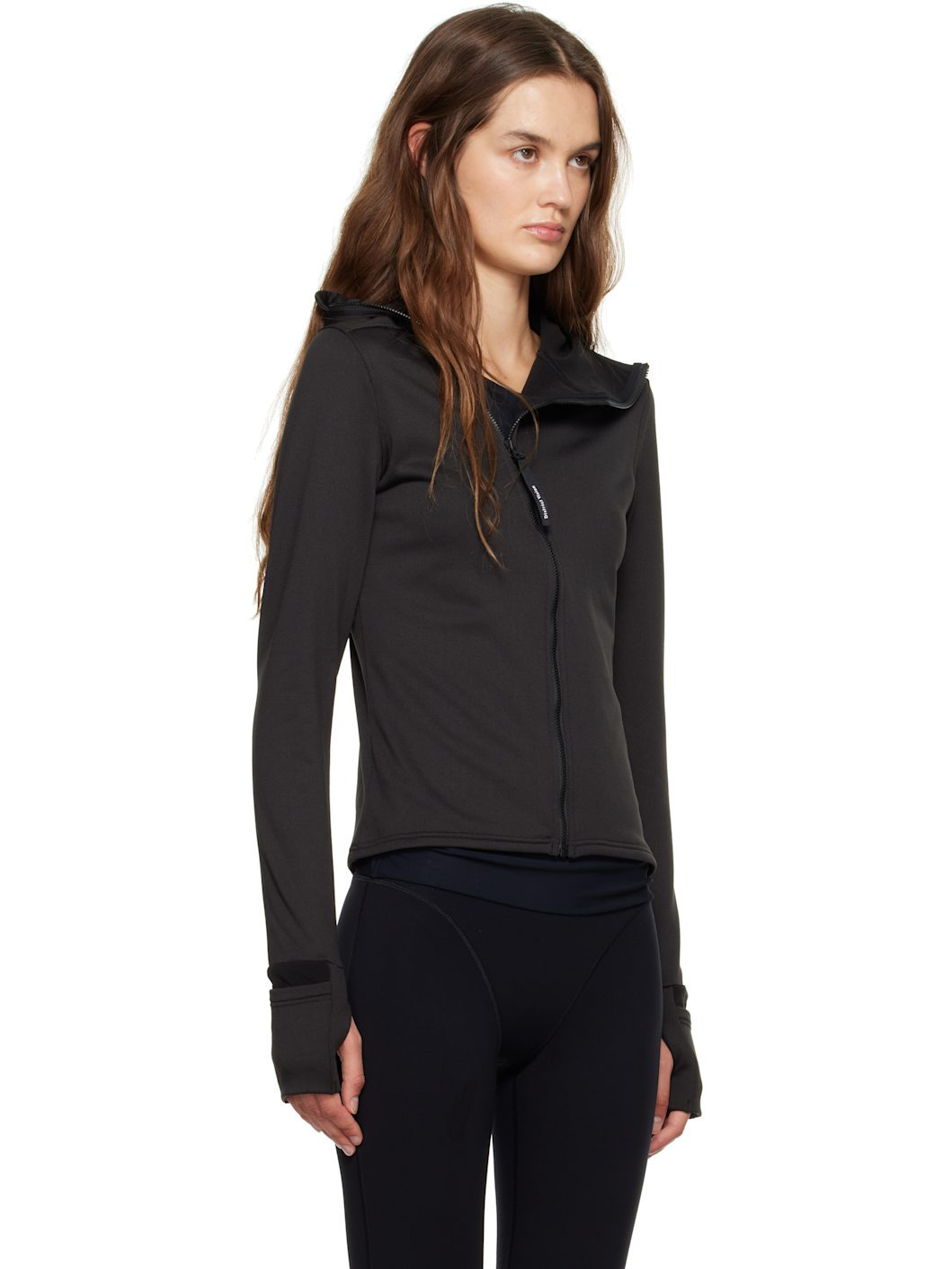 Black Hooded Fitted Grid Fleece Jacket - 2