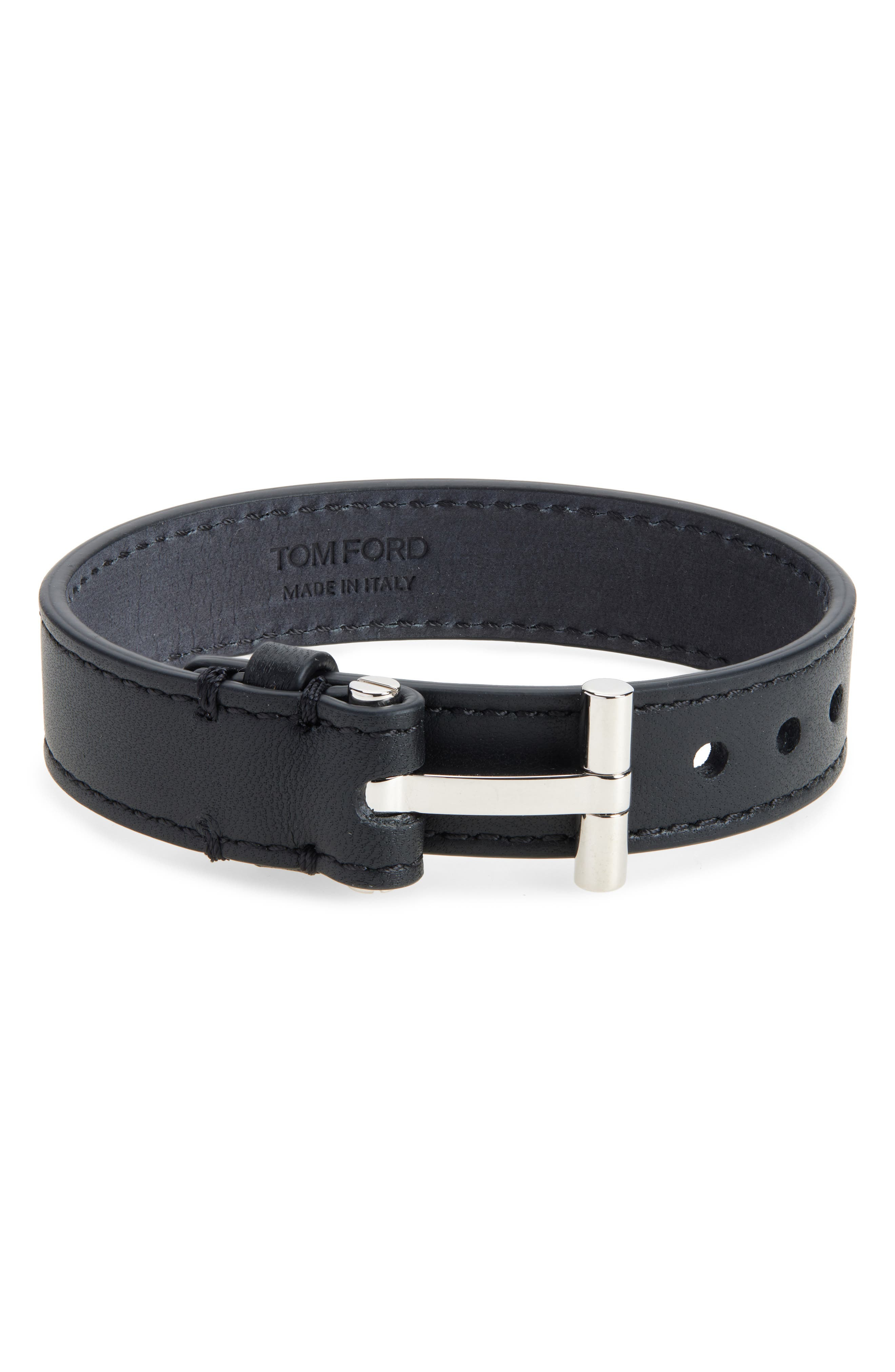 TOM FORD Men's T Buckle Leather Bracelet in 1N001 Black at Nordstrom - 1