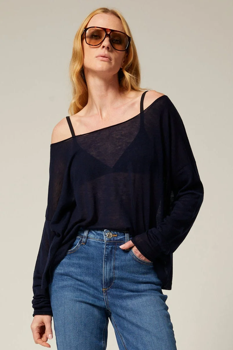 NAVY TISSUE CASHMERE OFF-SHOULDER TOP - 1