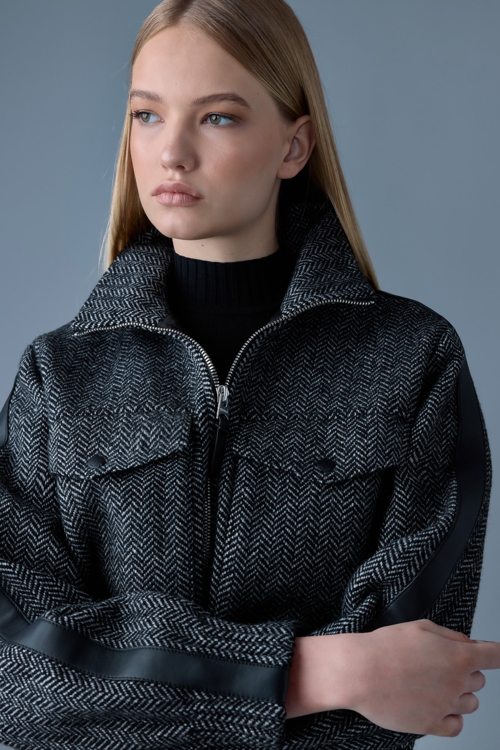 PATTY-HB Short herringbone wool jacket with leather detail - 5