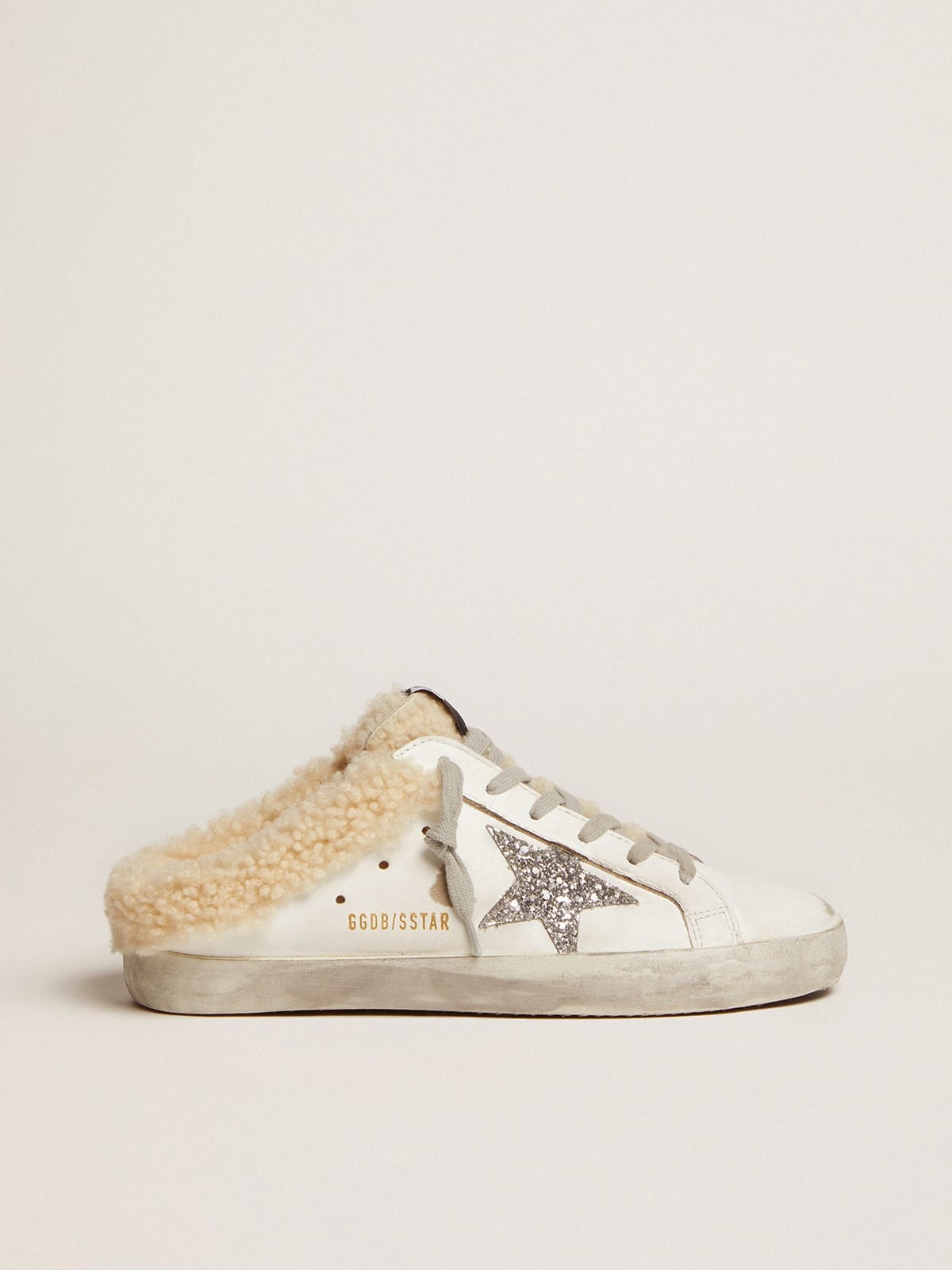 Super-Star Sabots in white leather with silver glitter star and shearling lining - 1