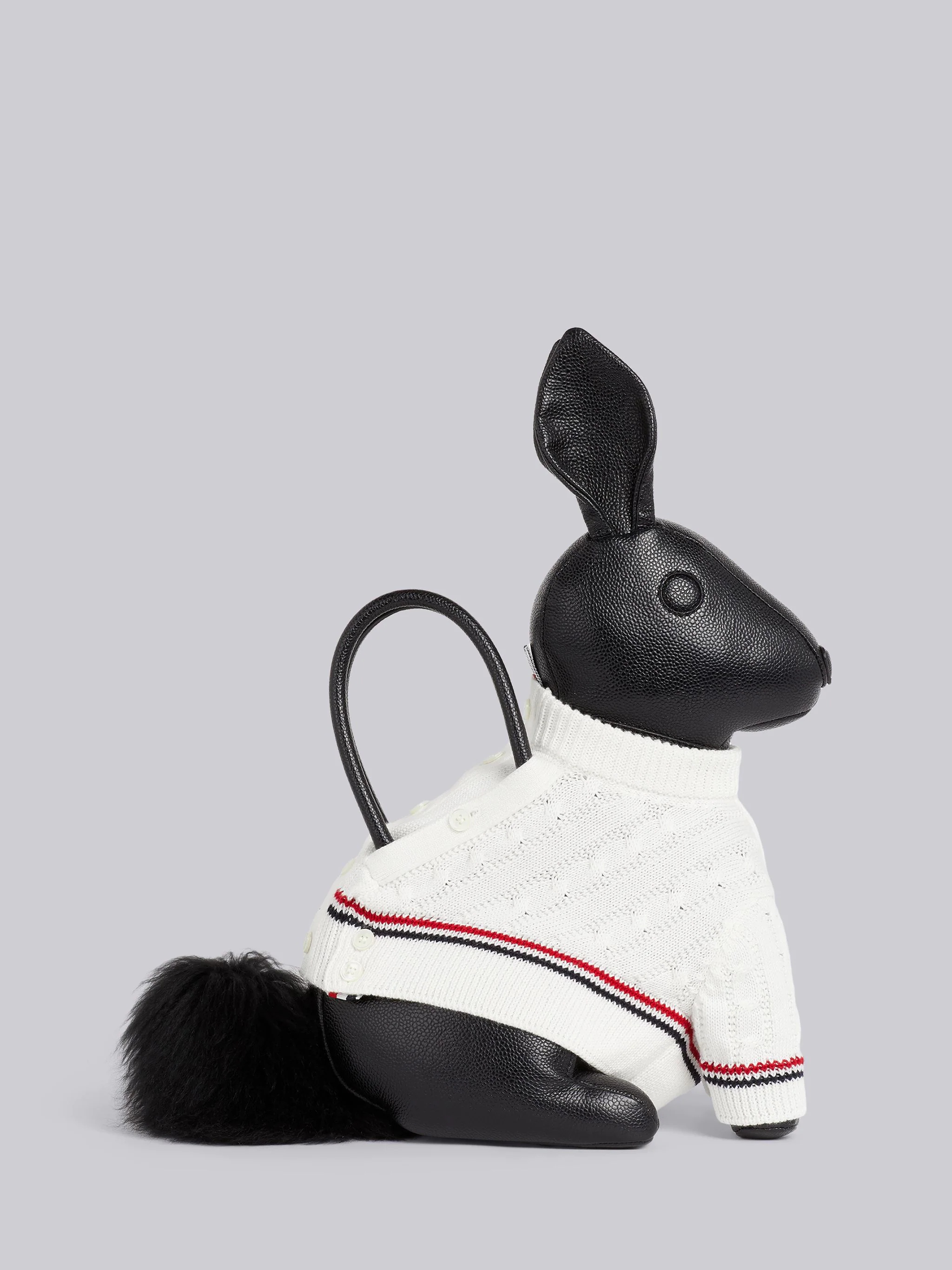 Black Pebbled Calfskin Cotton Aran Cable Sweater Rabbit Bag - 4