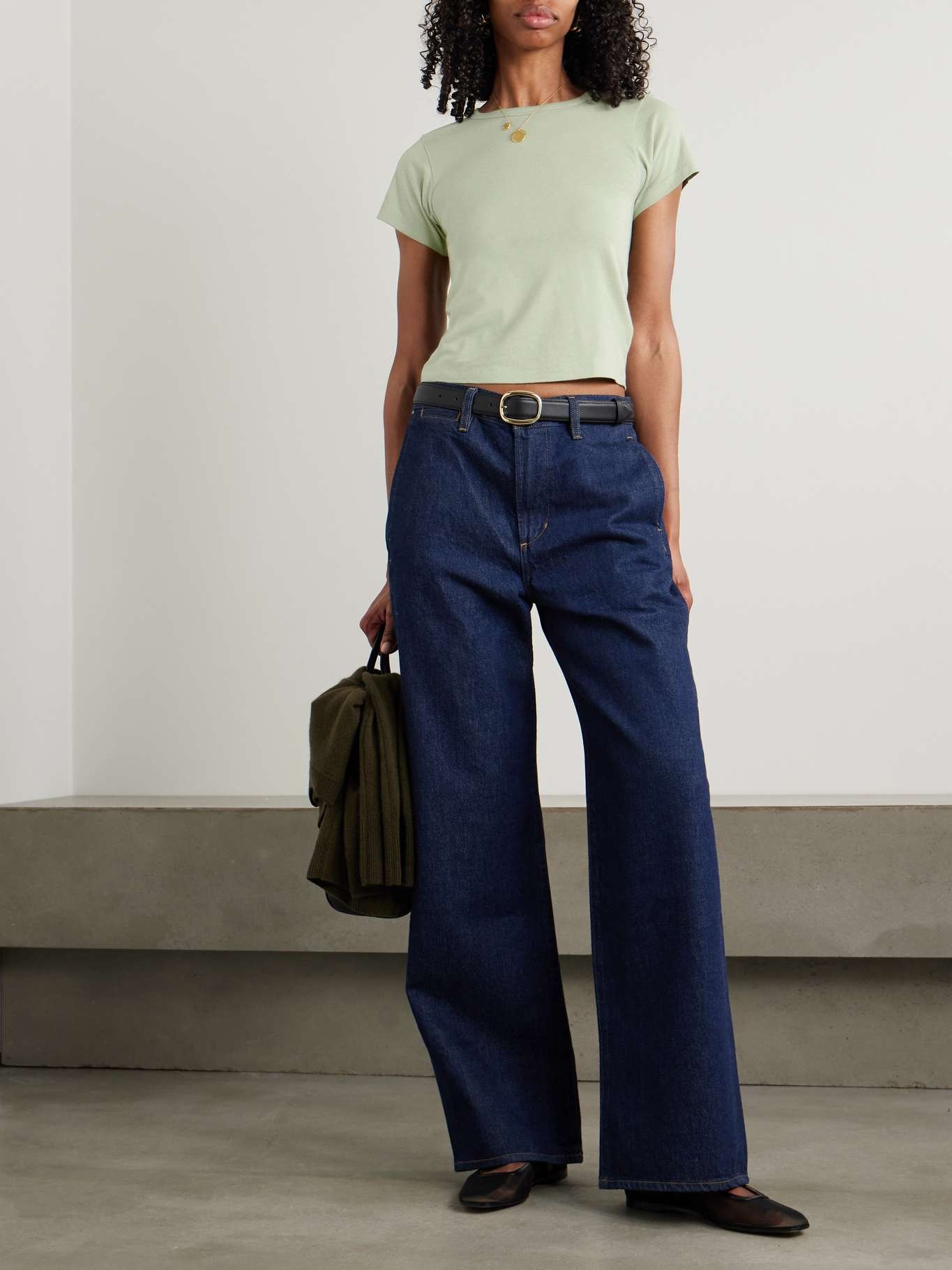Short Sleeve Baby Tee cropped cotton and modal-blend jersey T-shirt Sage green - 2