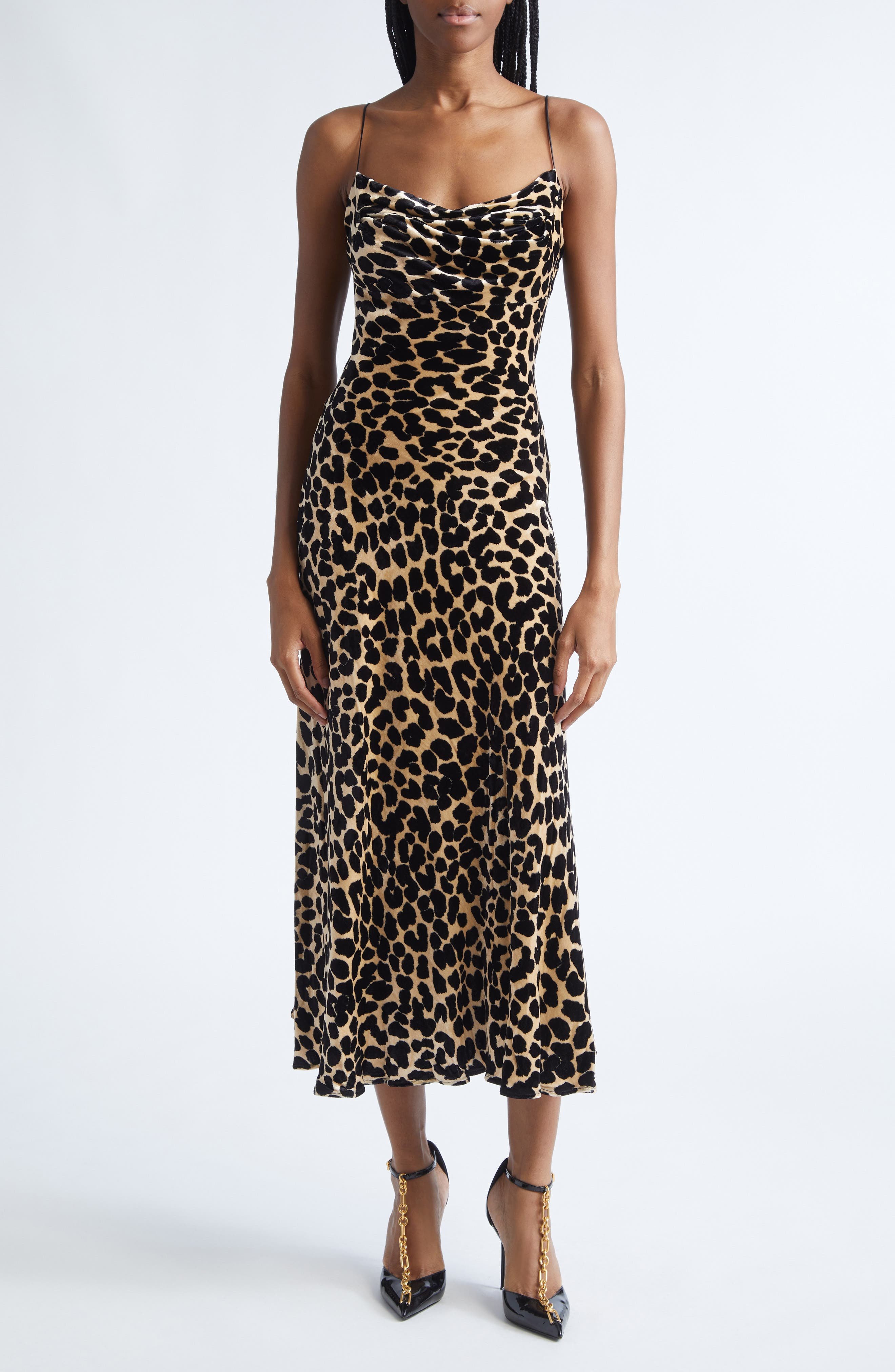 Balmain Leopard Print Cowl Neck Velvet Slip Dress in Gba Beige/Black at Nordstrom - 1