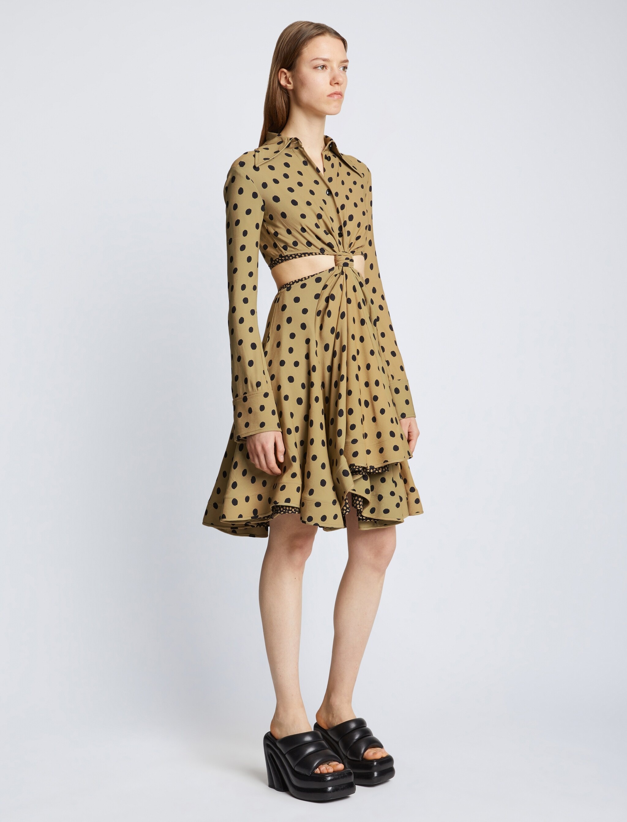 Printed Dot Cut Out Shirt Dress - 3