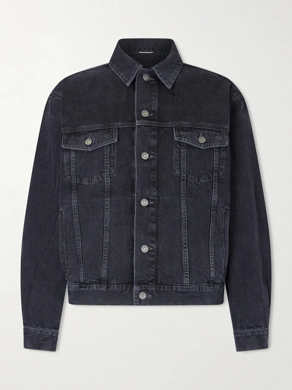 Leather-Trimmed Denim Trucker Jacket - 1