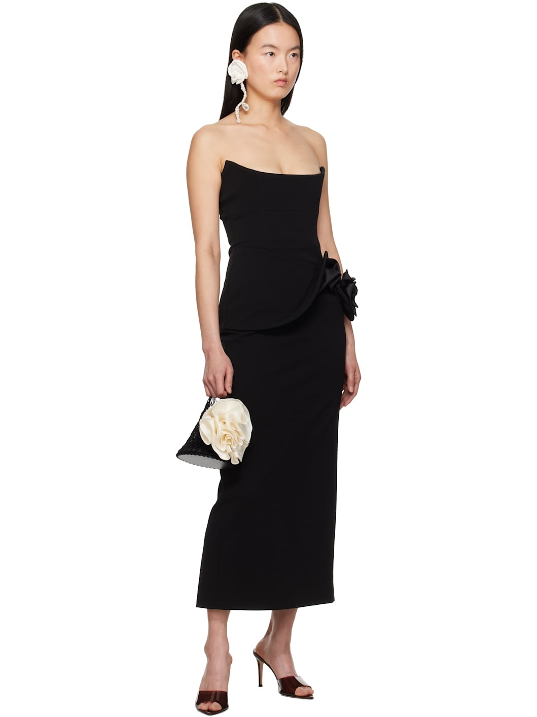Black Floral Appliqué Bustier Midi Dress - 4