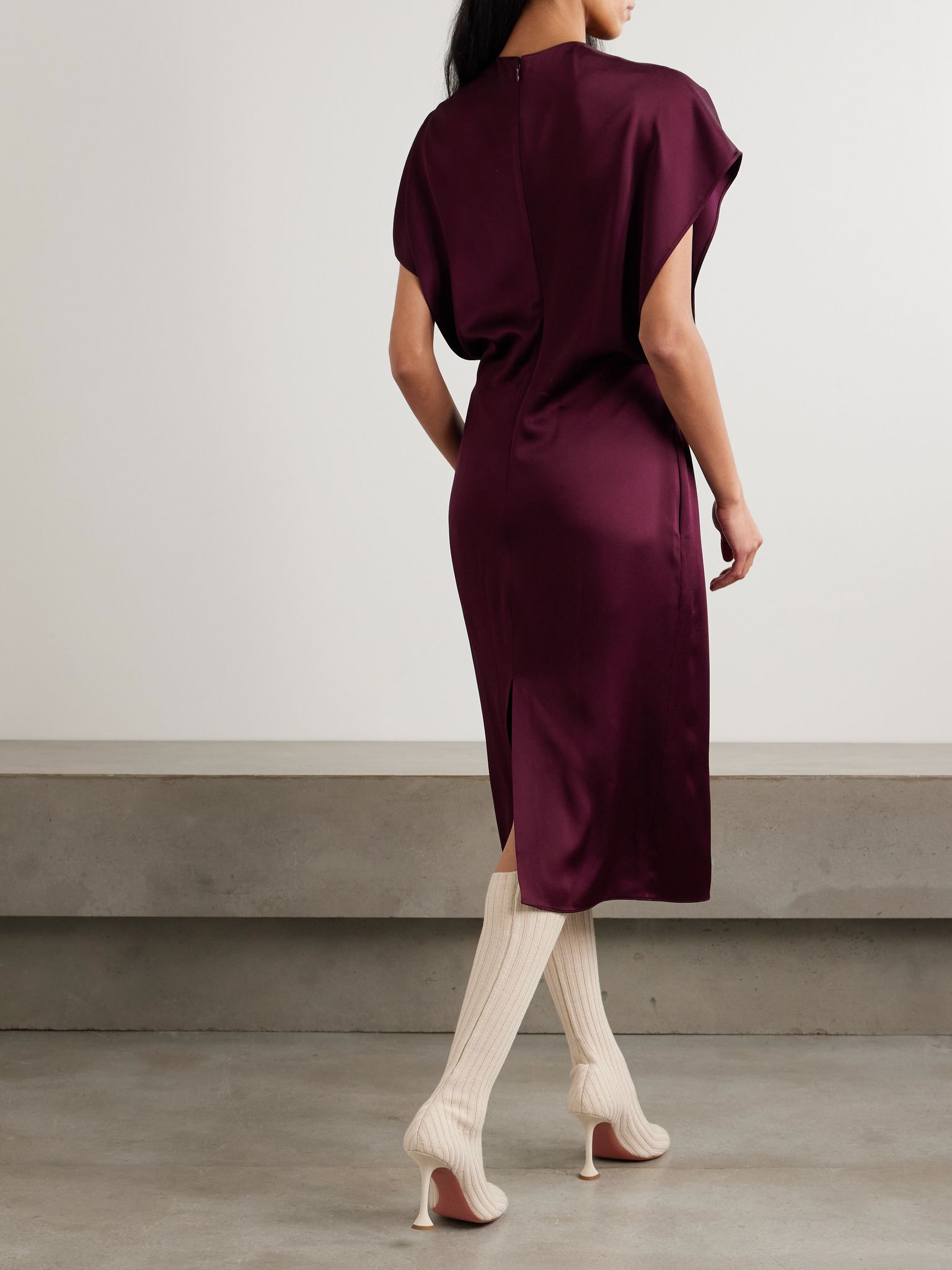 Draped satin midi dress Burgundy - 3