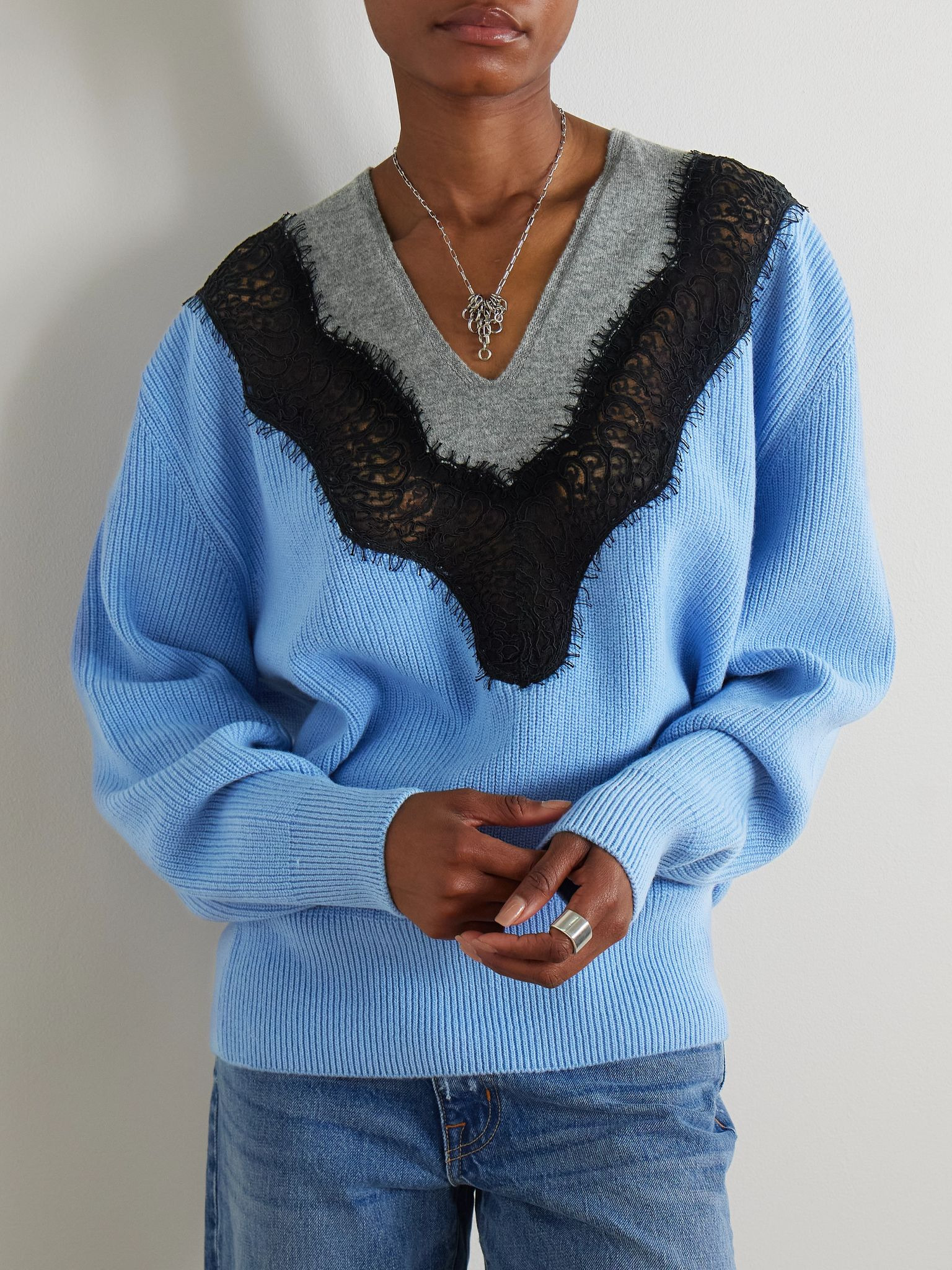 Oversized lace-trimmed ribbed wool sweater Sky blue - 3