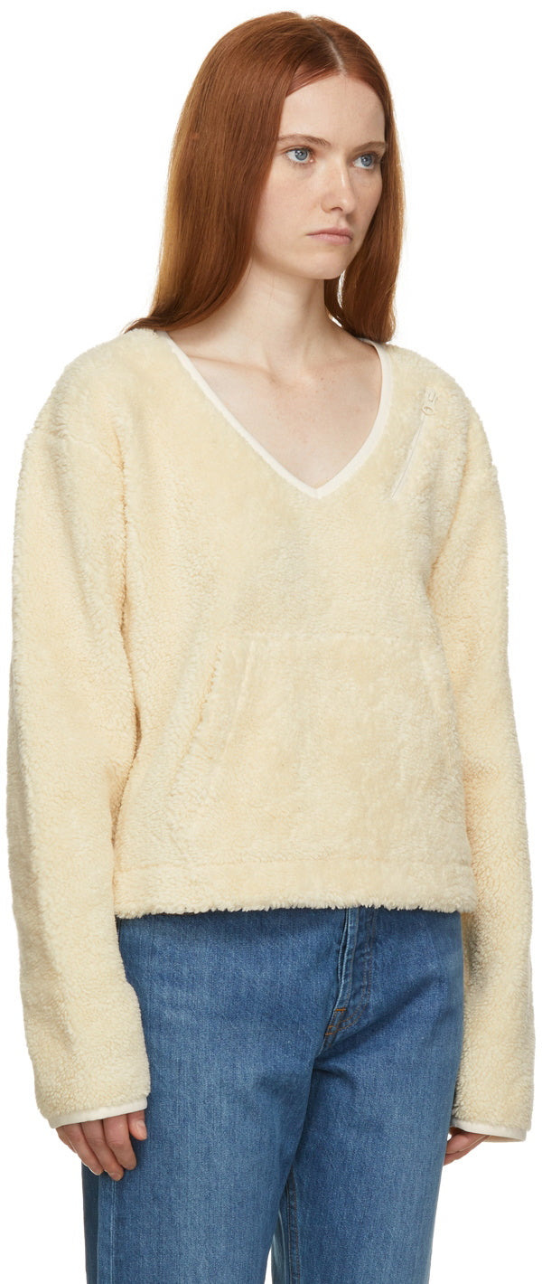 Helmut Lang Women Off-White Fleece V-Neck Sweater - 2