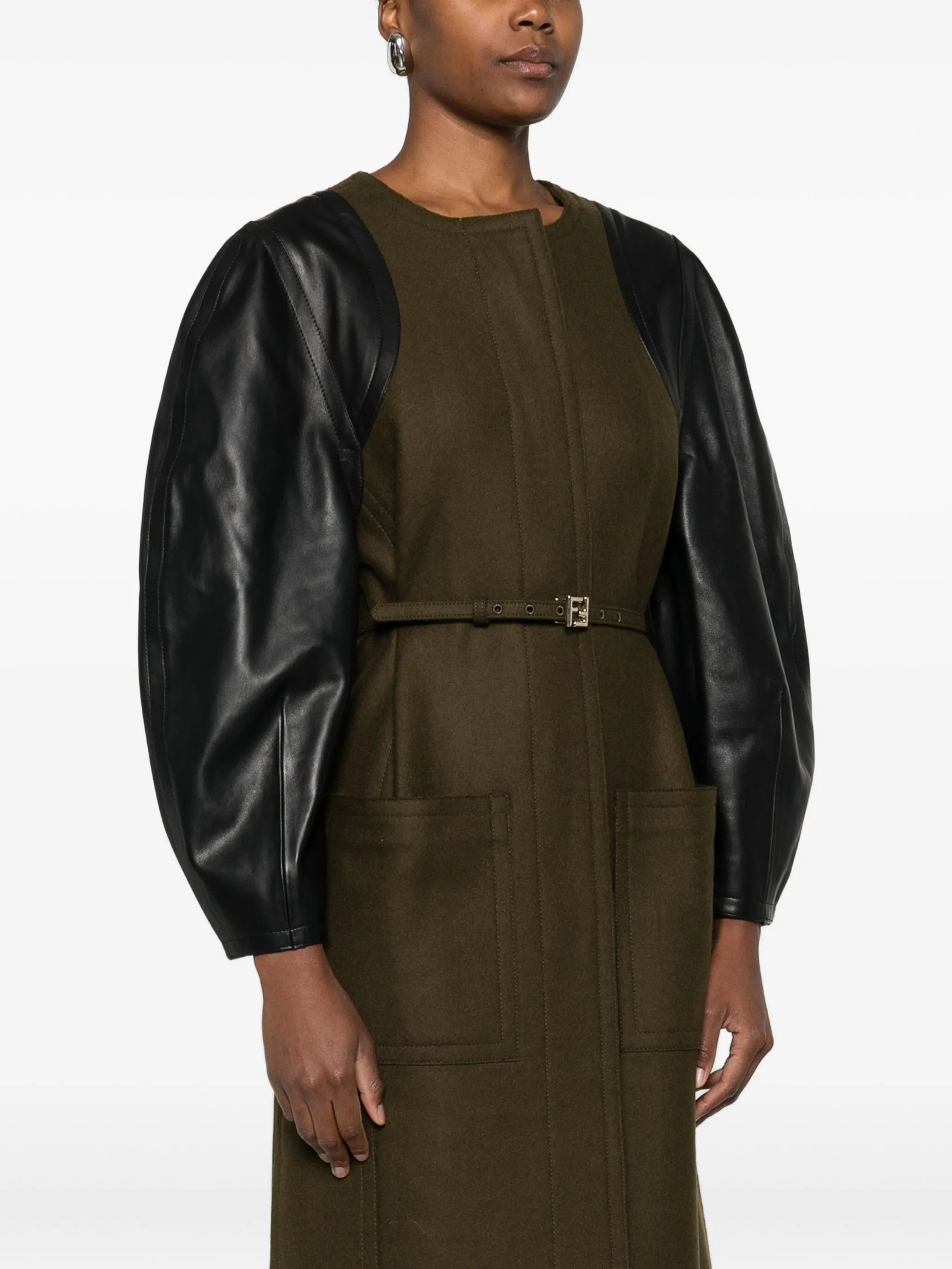 Fendi Leather-sleeves Wool Coat - 3