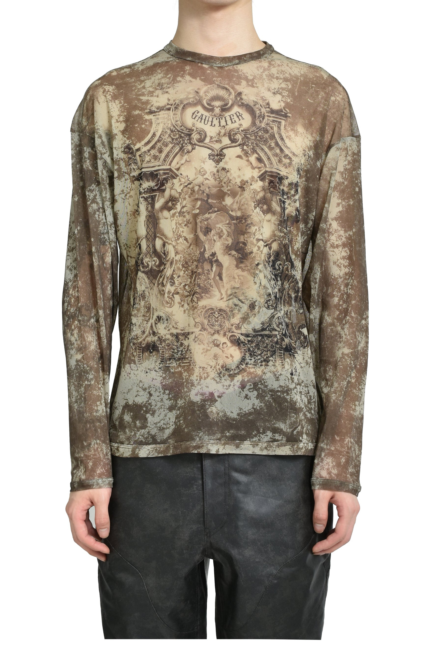MESH OVERSIZED CREW NECK TOP PRINTED "MEDAILLON" / LT.BEI/TAUPE - 1