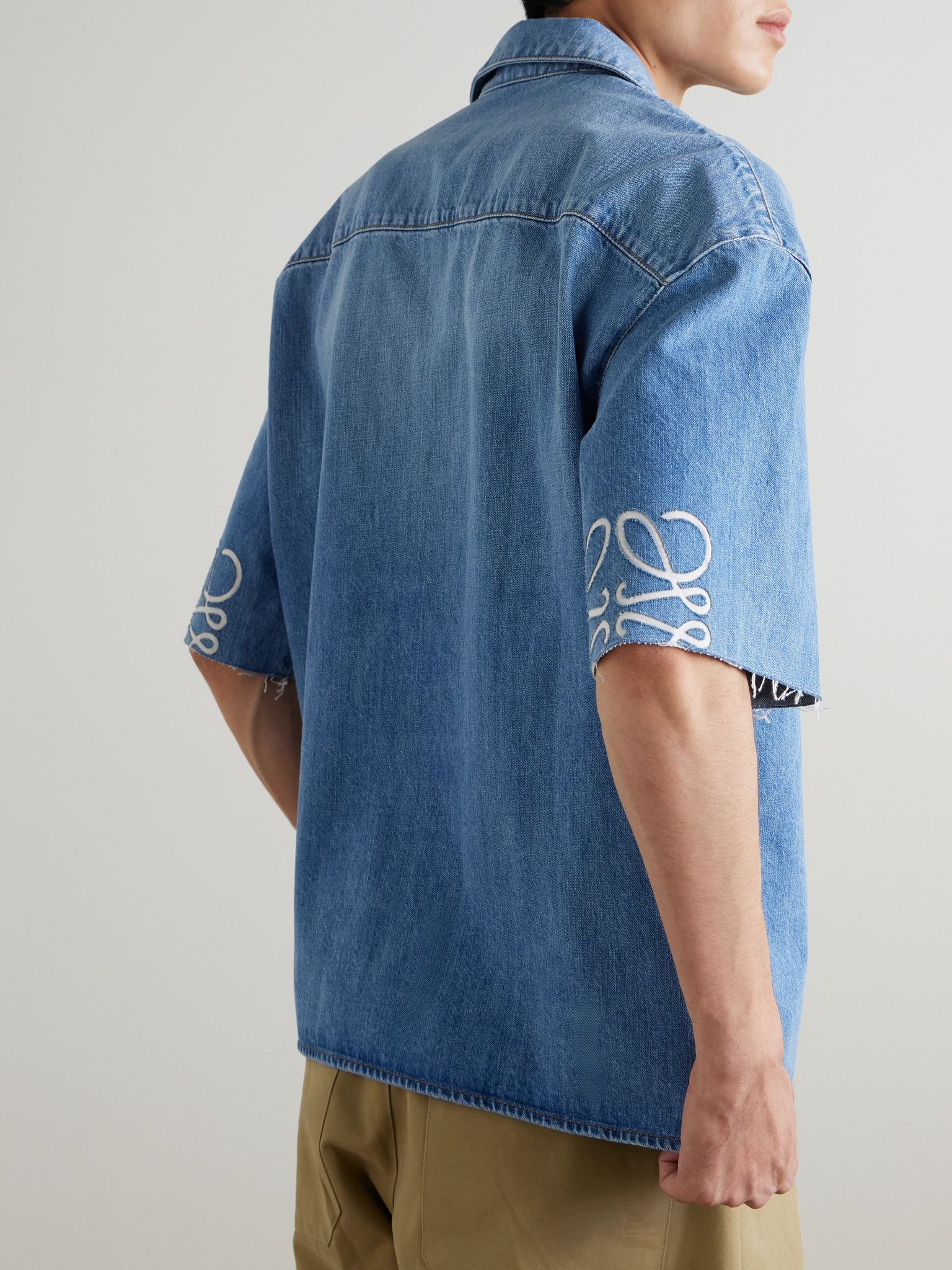Camp-Collar Cutout Frayed Denim Shirt Blue - 3