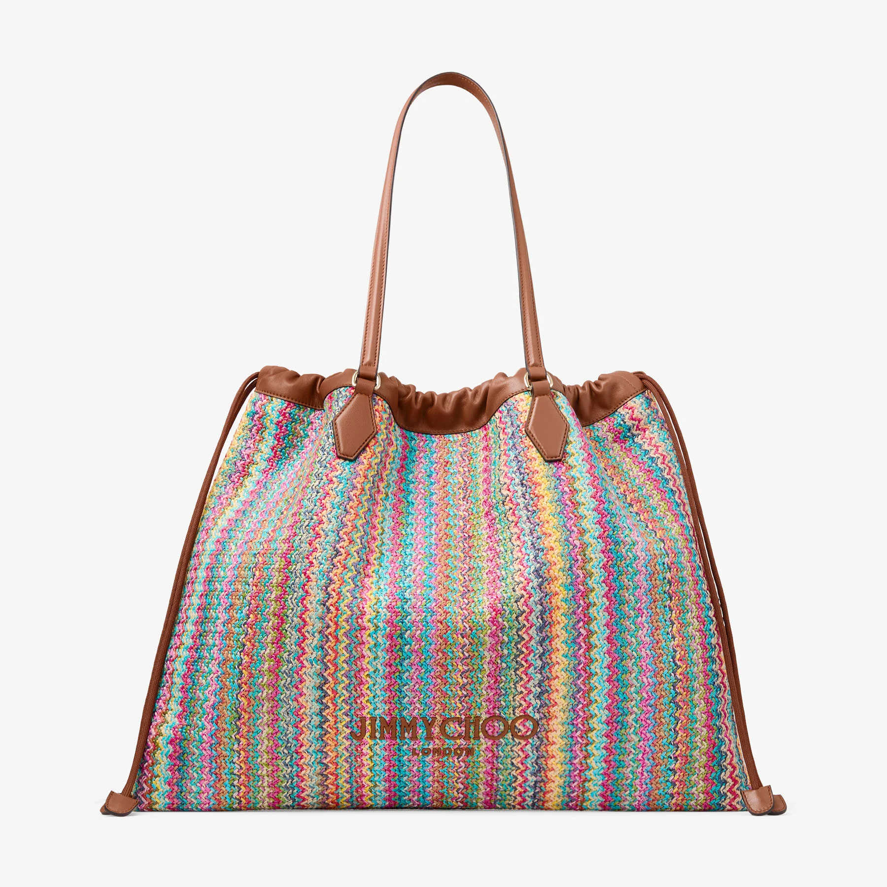 Drawstring Tote Large Multi and Tan Chevron Raffia Drawstring Tote Bag with Leather Trim - 1