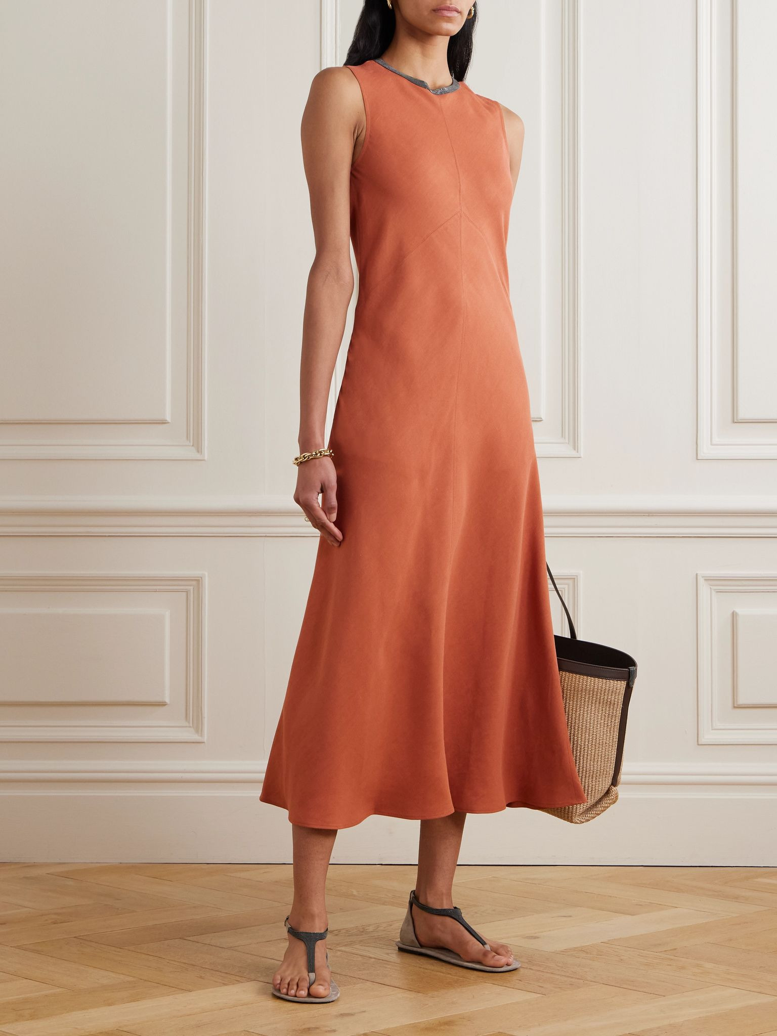 Bead-embellished twill midi dress Orange - 2