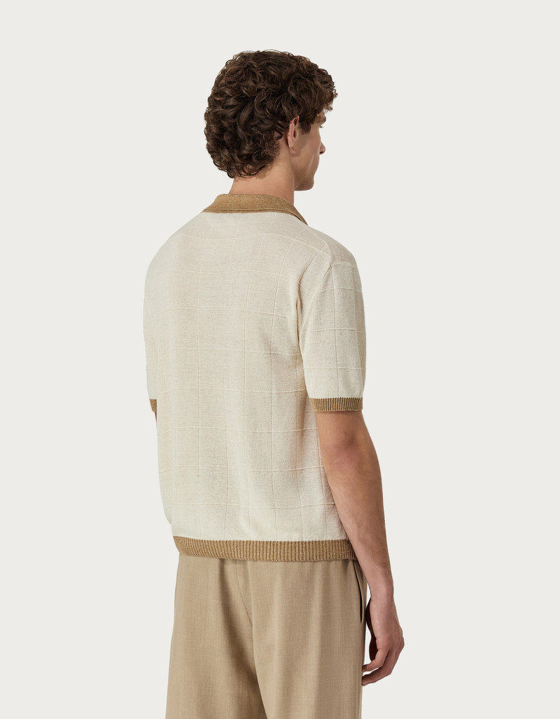 CREAM AND OCHRE OVERCHECK LINEN AND SILK POLO SHIRT 3