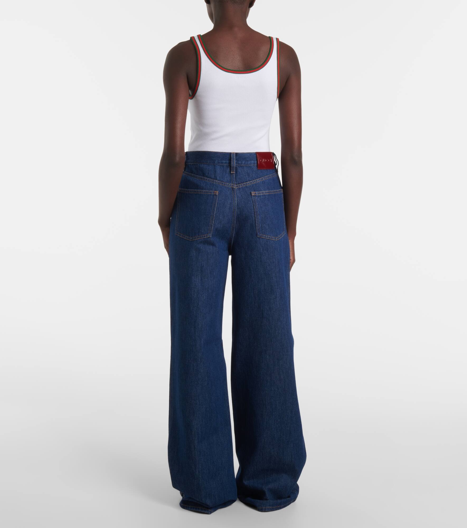 Leather-trimmed wide-leg jeans - 3