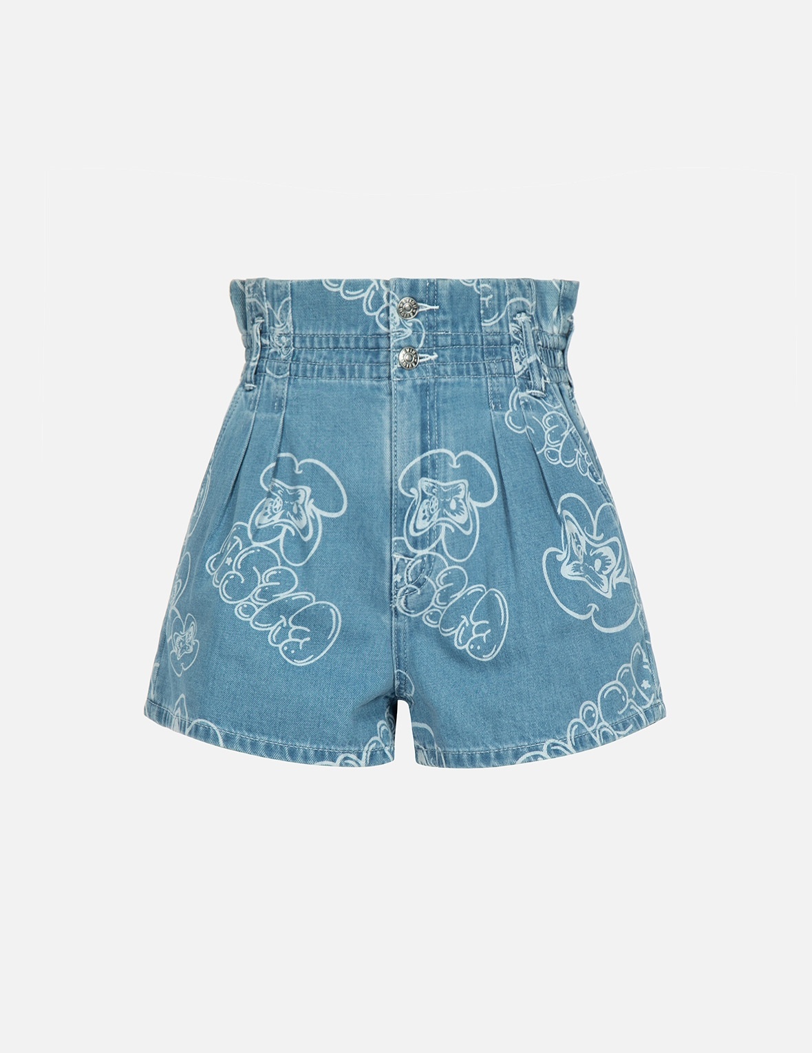 ALLOVER GRAFFITI DARUMA AND LOGO LASER-PRINT DENIM SHORTS - 1