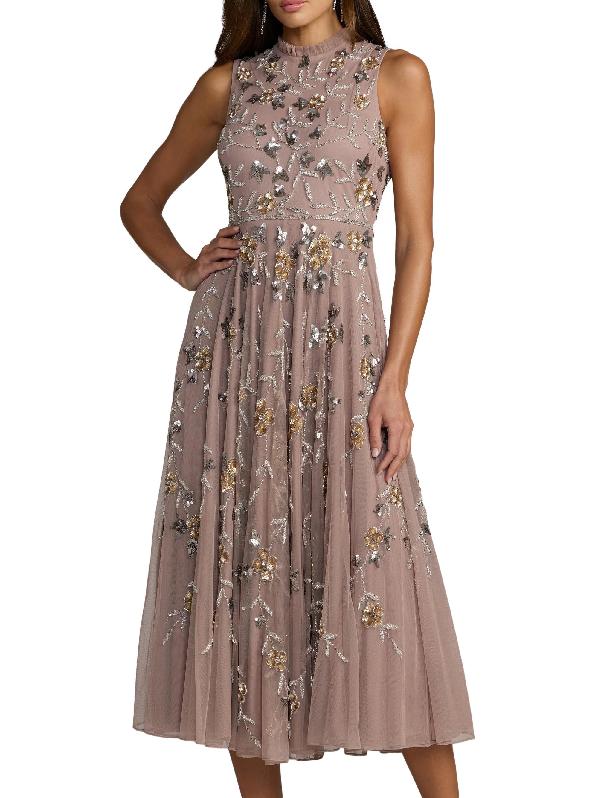 Women's Floral Embellished Chiffon Cocktail Dress - Taupe - 1