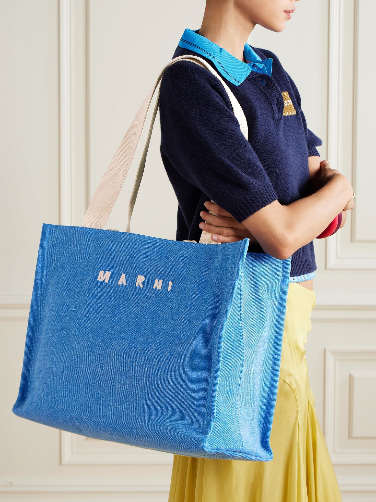 Large East West logo-embroidered denim tote Blue - 6