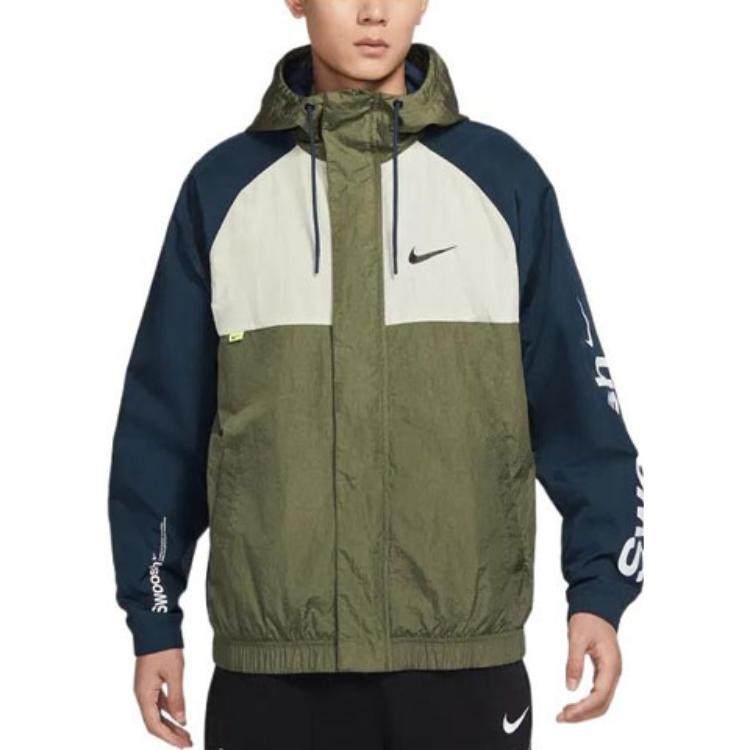 Men's Nike Alphabet Logo Printing Colorblock Hooded Jacket Autumn Olive Green DX6311-222 - 4