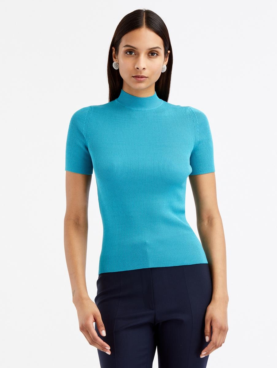 SHORT SLEEVE MOCK NECK RIBBED PULLOVER - 1
